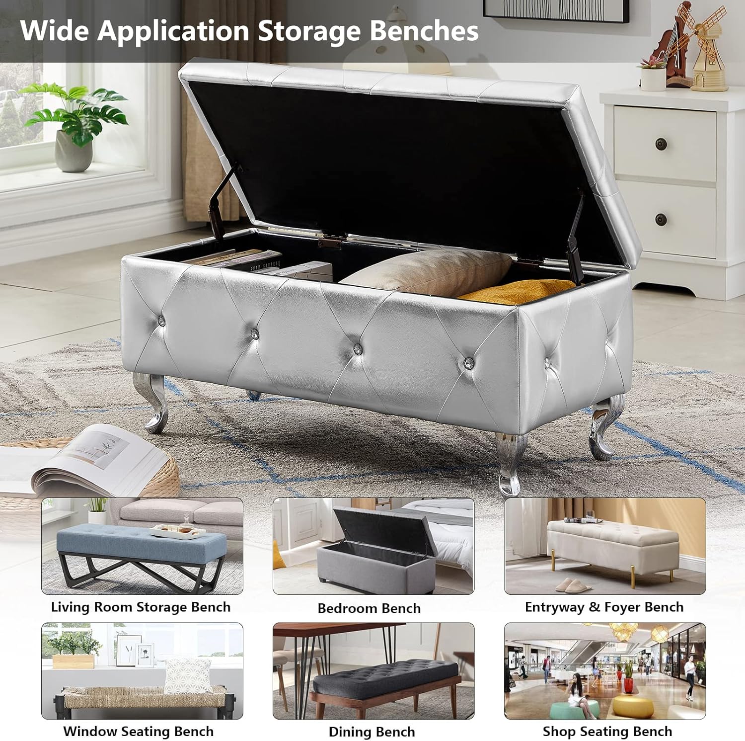 Betoko PU Storage Bench End of Bed 38.9" Faux Leather Bedroom Ottoman Bench with Storage Button Tufted Window Seating Benches Upholstered Rectangle Footrest Stool for Living Room Entryway (Silver pu)