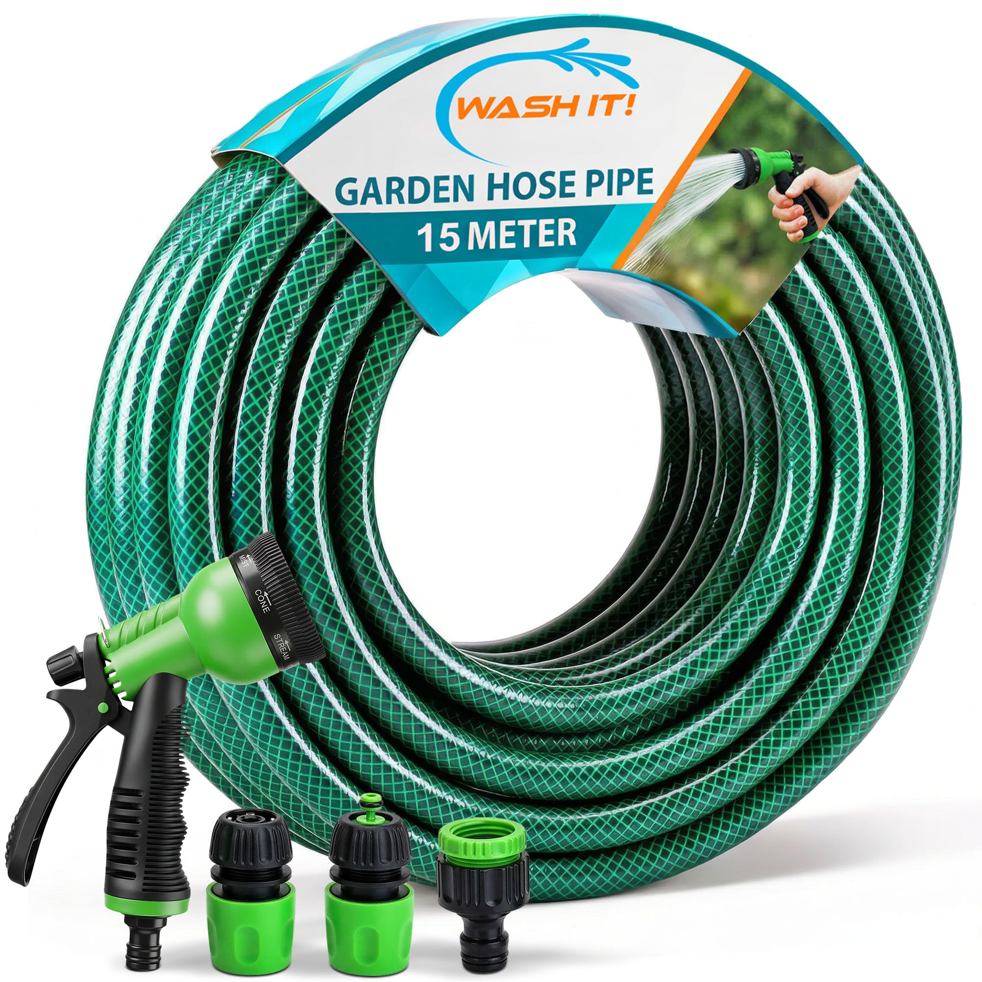 Garden Hose Pipe with Connectors and Hosepipe Spray Gun - Reinforced Garden Hose Set Including Adjustable Hosepipe Spray Gun, Tap Connector and 2 Couplers for Plant Watering and Car Washing (15m)
