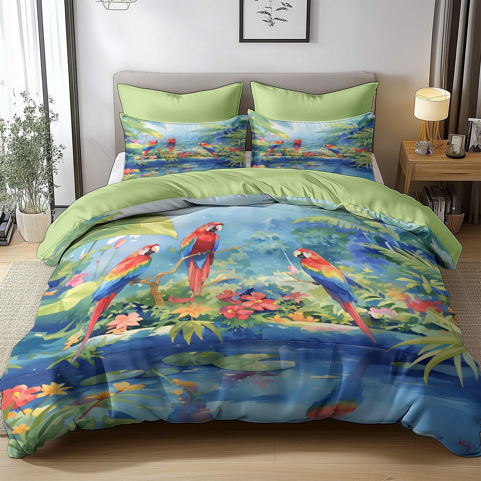 Green Duvet Cover Toddler Natural Scenery Parrot 3 Pieces Bedding Set 40