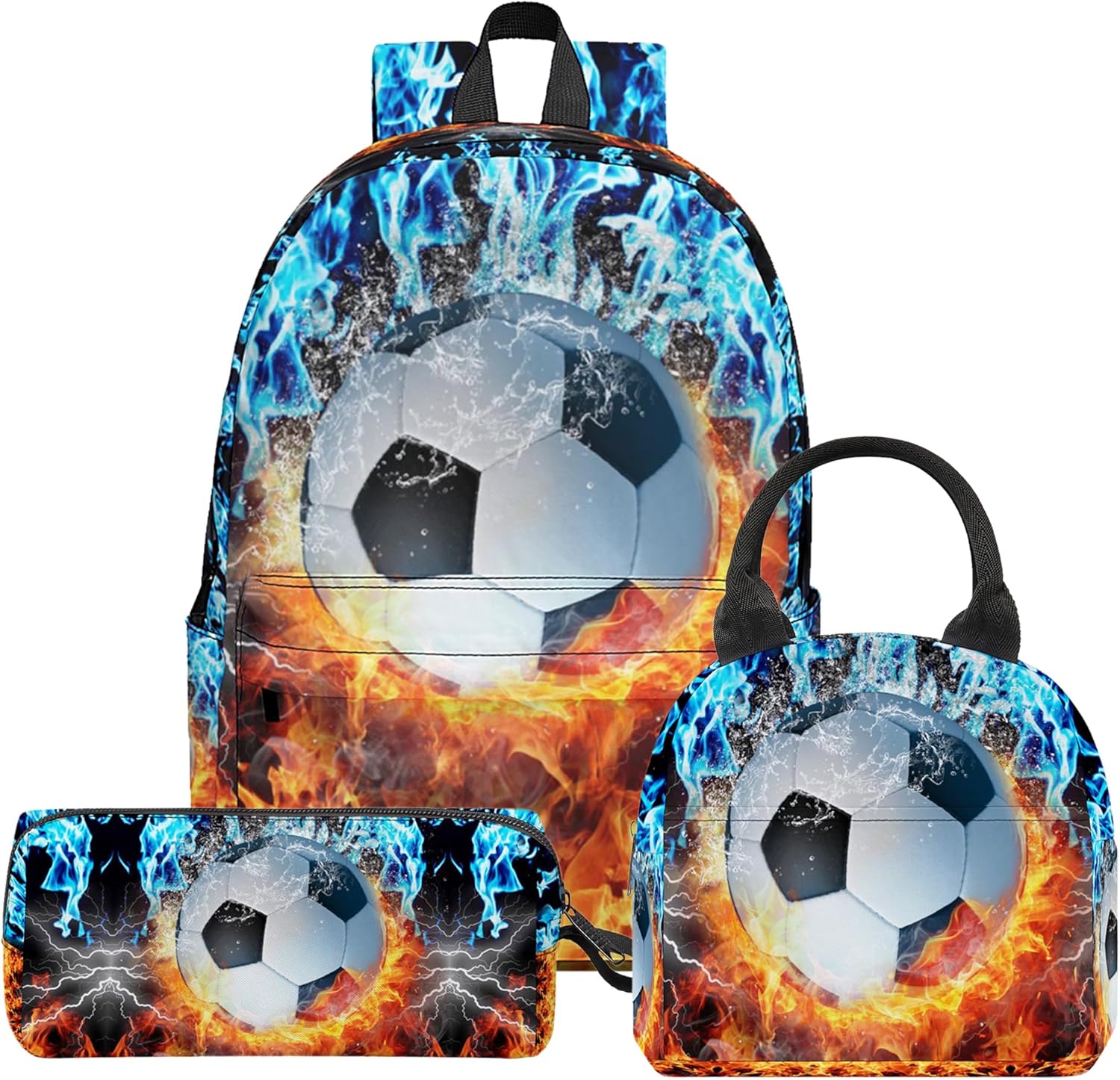 3PCS Soccer Backpack Set for Boys, Large Lightweight 17 Inch Backpack with Lunch Bag & Pencil Case for Kids, Back to School Cool Sports Bookbag for Elementary Middle School - Fire