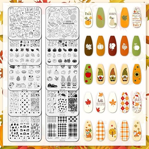Miniatura 2 de Whaline Kit de 10 hojas de placas de estampado de arte de uñas de otoño, calabazas de Feliz Acción de Gracias, gnomo de hoja de arce, a cuadros,