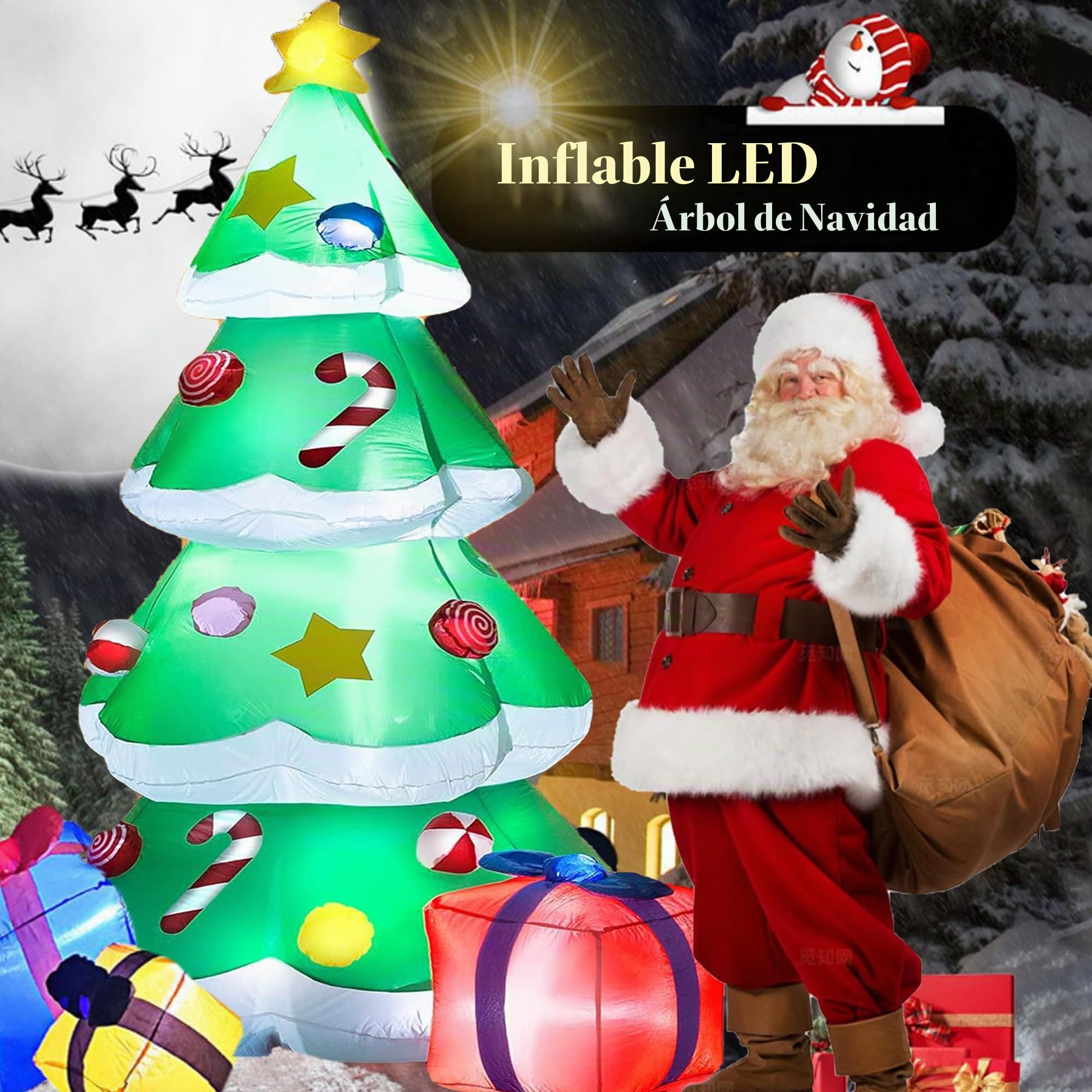 Árbol de Navidad Inflable con 3 Cajas de Regalo, Árbol de Navidad Grande con Luces, Construido en el Compresor de Aire, Decoración Inflable de Navidad para Patio, Jardín, Césped y Plaza