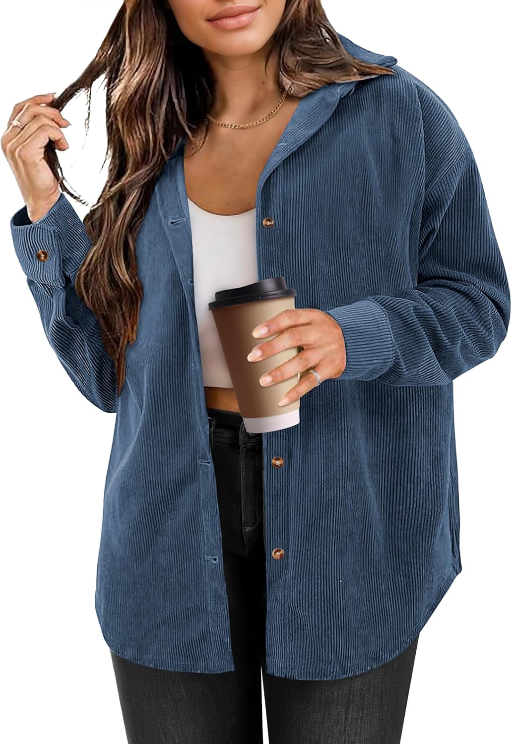 Womens Corduroy Button Down Shirts Long Sleeve Oversized Boyfriend Casual Blouses Tops