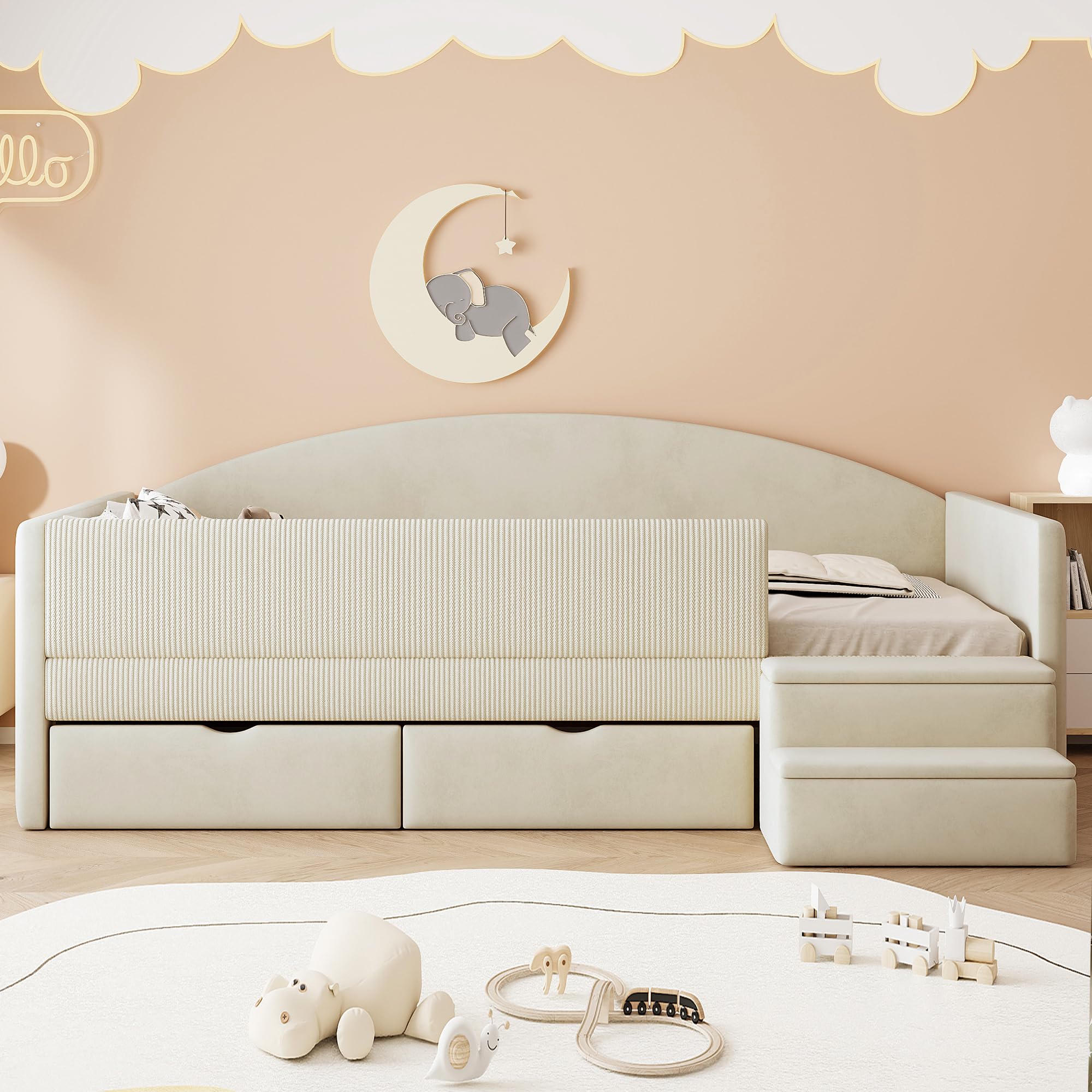 Canapé Lit Rembourré 90x190 cm avec 2 Tiroirs, Garde-Corps et Marchepied, Tissu Velours Doux et Confortable, Structure Bois, Idéal pour Chambre d'enfant, Salon et Chambre d'amis
