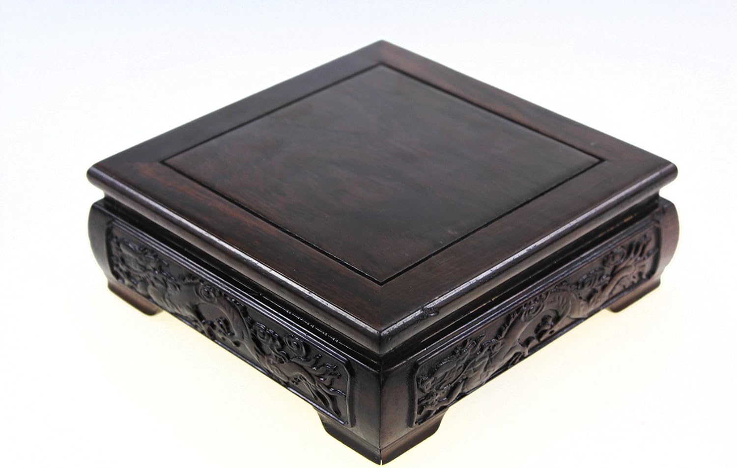 Oriental Furniture Chinese Rosewood Solid Mahagony Wood Display Stand Wooden Base Square Shape Pedestal with Dragon Design Carved (L 15.5cm * 15.5cm * 6.5cm)