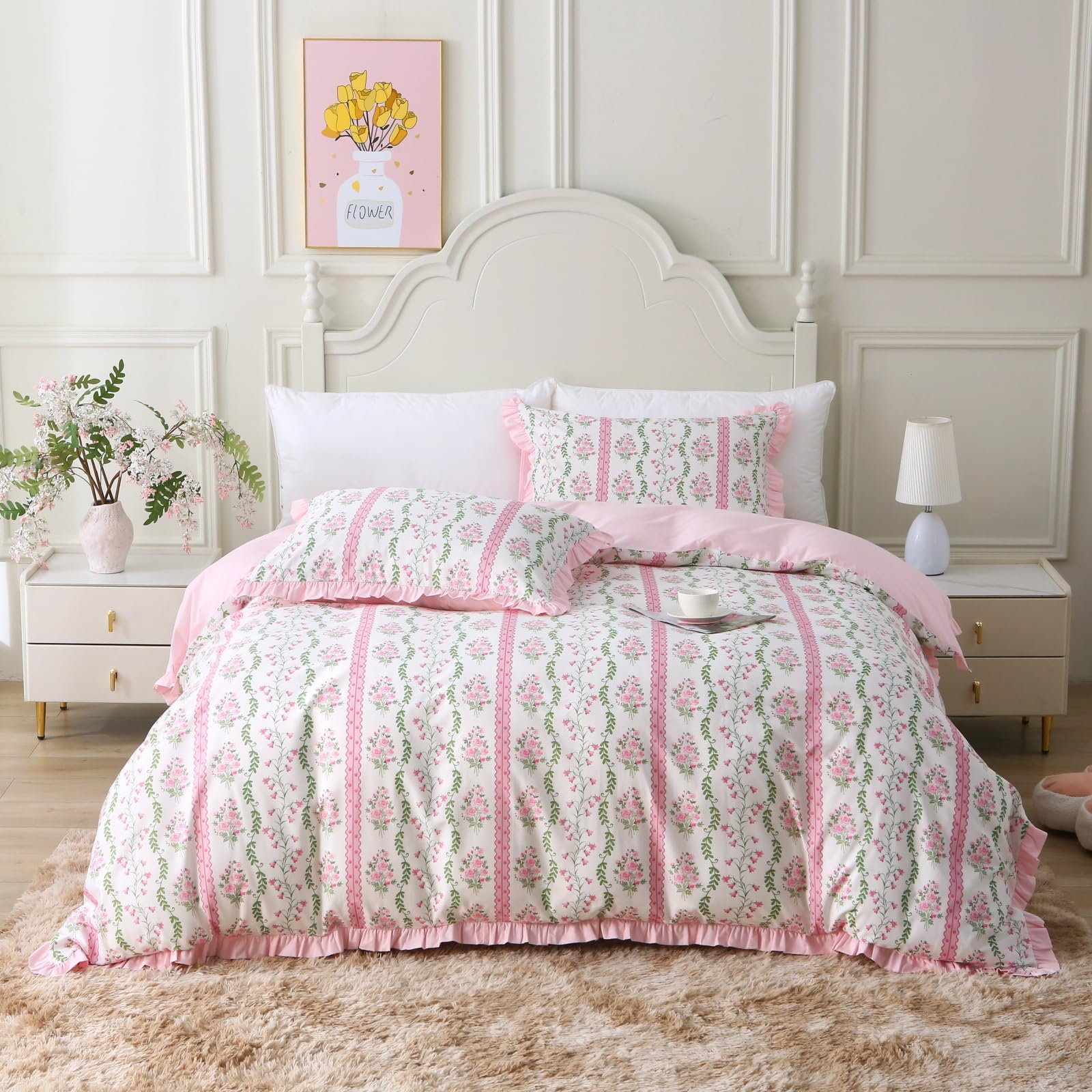 Parure de lit 100% coton 3 pièces housse de couette fleurs roses pour lit double USTIDE