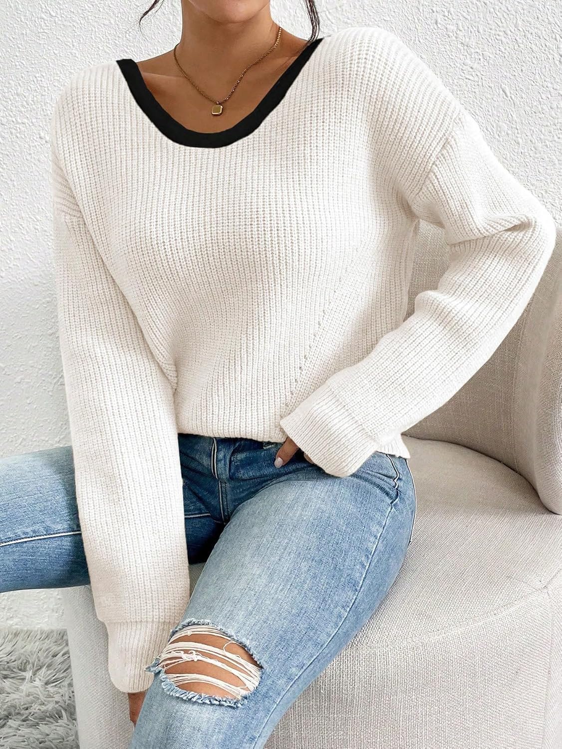 Women's Off The Shoulder Pullover Bow Ribbed Knit Sweater Cute Crew Neck Long Sleeve Trendy Cozy Sweaters - Image 5