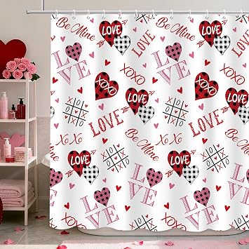 MEHOFOND Valentines Shower Curtain Pink Red Heart Valentines Shower Curtain for Bathroom Sweet Love XOXO Abstract Watercolor Home Bathtub Decor Fabric Waterproof Bath Curtain 72x72 Inch