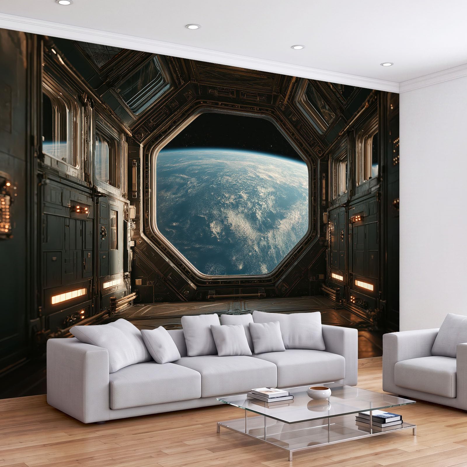 Wizualna fototapeta 3D 300 x 210 cm, włóknina, wysokiej jakości druk mural tapeta, stacja kosmiczna wnętrze widok Ziemi polar mural dekoracja plakat obraz