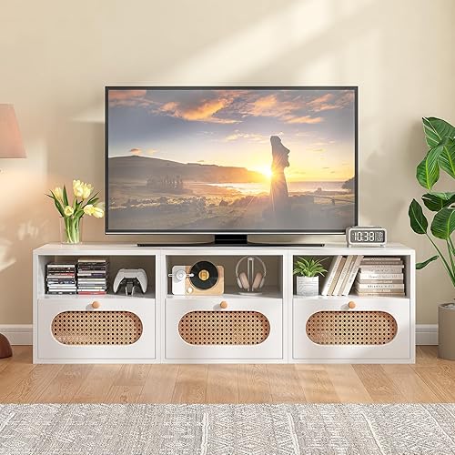 Miniatura 4 de FurniNova Soporte modular 3 en 1 para TV con puertas de ratán, consola multimedia para bricolaje, centro de entretenimiento bohemio, gabinete de TV