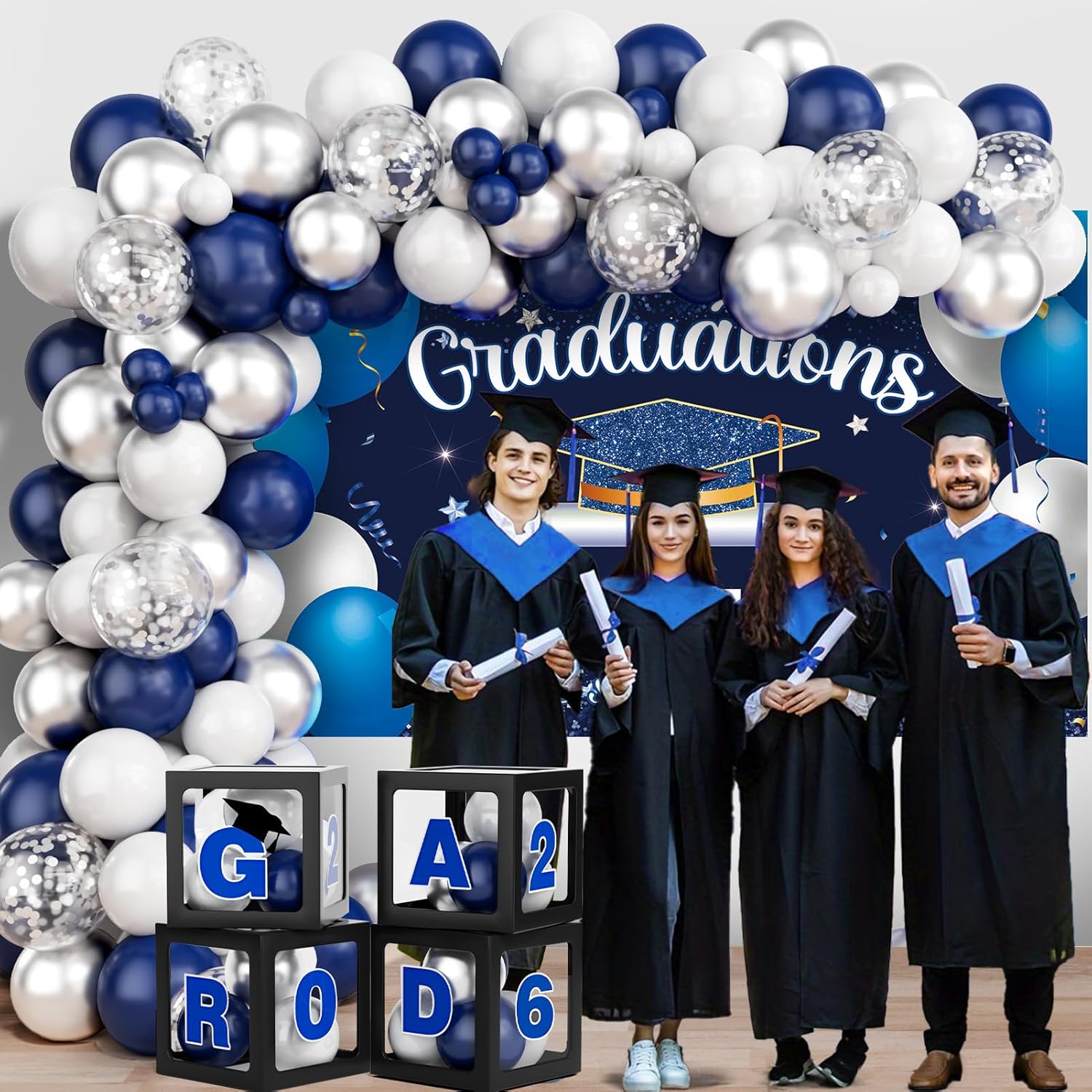 Winrayk 135Pcs 2026 Graduation Decorations Class of 2026 Decor, Grad Boxes with Letters, We Are So Proud of You Backdrop, Navy Blue Balloon Arch, Tablecloth, Kids Teen Adult Grad Party Decoration Gift