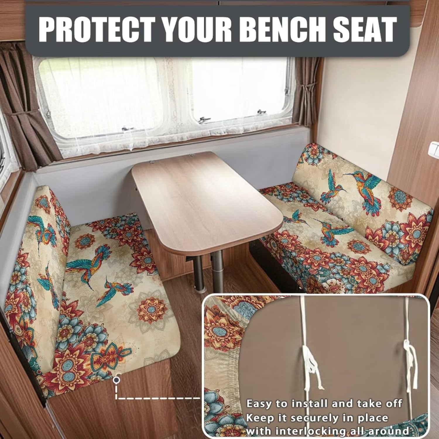 Boho Mandala Hummingbird Print RV Dinette Cushion Covers 2 Pcs Comfortable Camper Cushion Slipcover Stretchable Loveseat Sofa Chair Cover Furniture Protector for RV Camper Car Bench