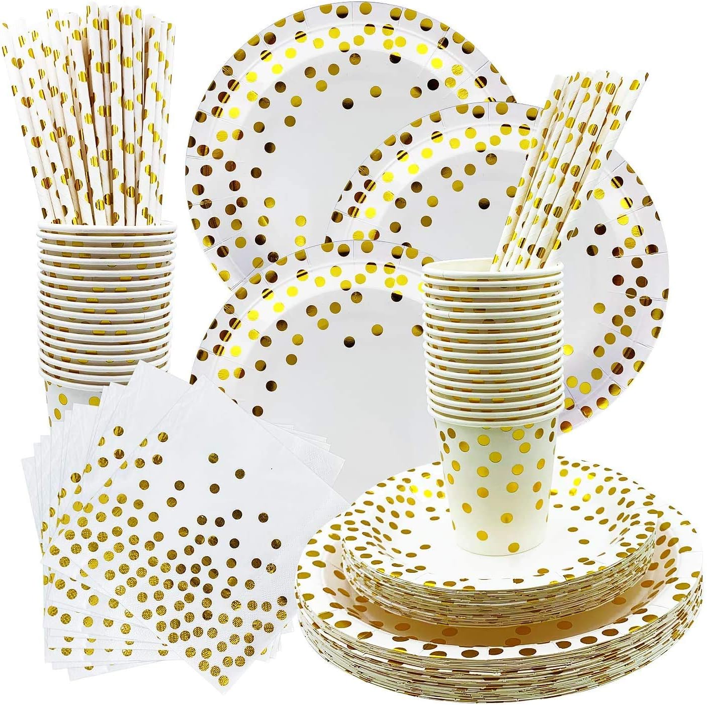 Rorchio White and Gold Party Supplies, Disposable Dinnerware Set include Paper Plates Napkins Cups Paper Straws for Birthday, Wedding, Bridal Shower(30 Guest)