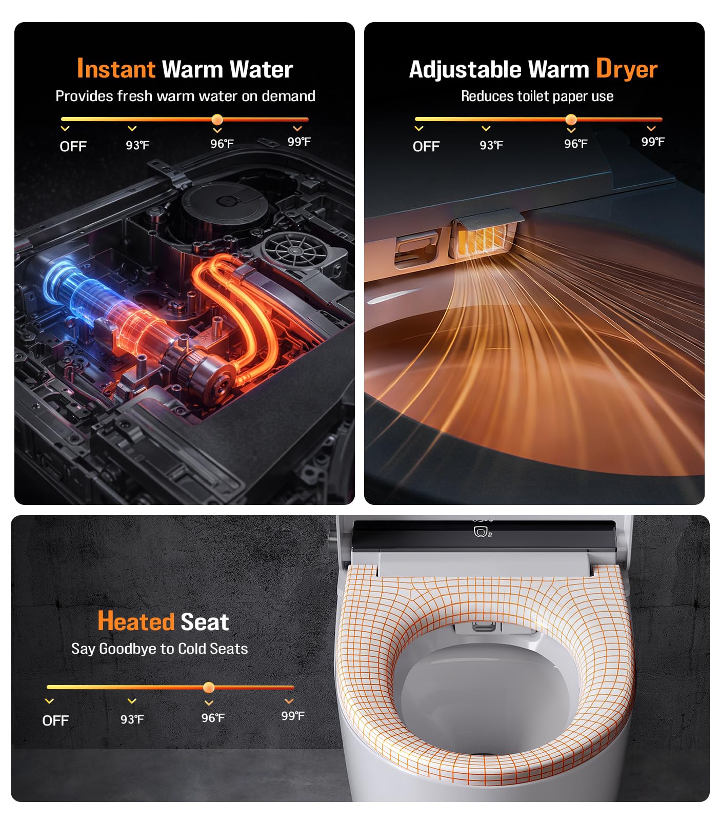 Tankless Smart Toilet Bidet with Auto Open Close Dual Auto Flush Heated Seat Air Dryer Multiple Cleaning Modes — view 5