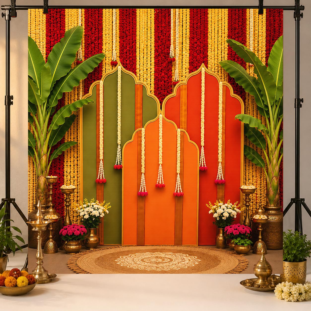 3D Decoration Fabric Backdrop 8x8 ft Floral Background with Banana Leaves for Pooja, Haldi mahandi Festive & Event Decoration Backdrop-image-23