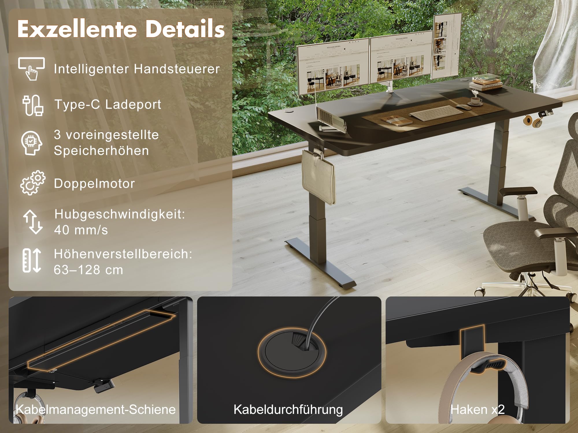 TRIUMPHKEY 180×80cm Höhenverstellbarer Schreibtisch mit 40mm/s Dualmotor und 25mm Durchgehende Tischplatte, Ergonomischer Bürotisch mit Smart Reminder für Tagessteh-Ziele, inkl.USB-C, 125kg Tragkraft