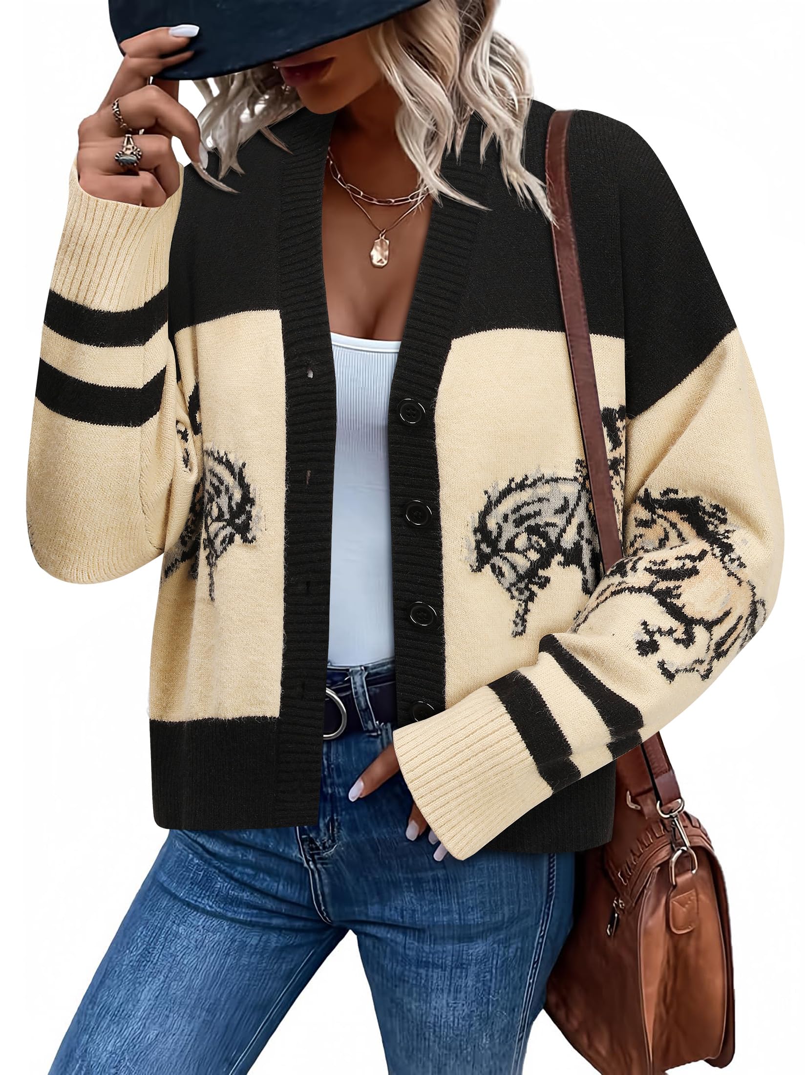 MYMORE Womens Western Cowgirl Graphic Cardigan Sweaters Color Block Cowboy Print V Neck Button Up Cardigans Sweater