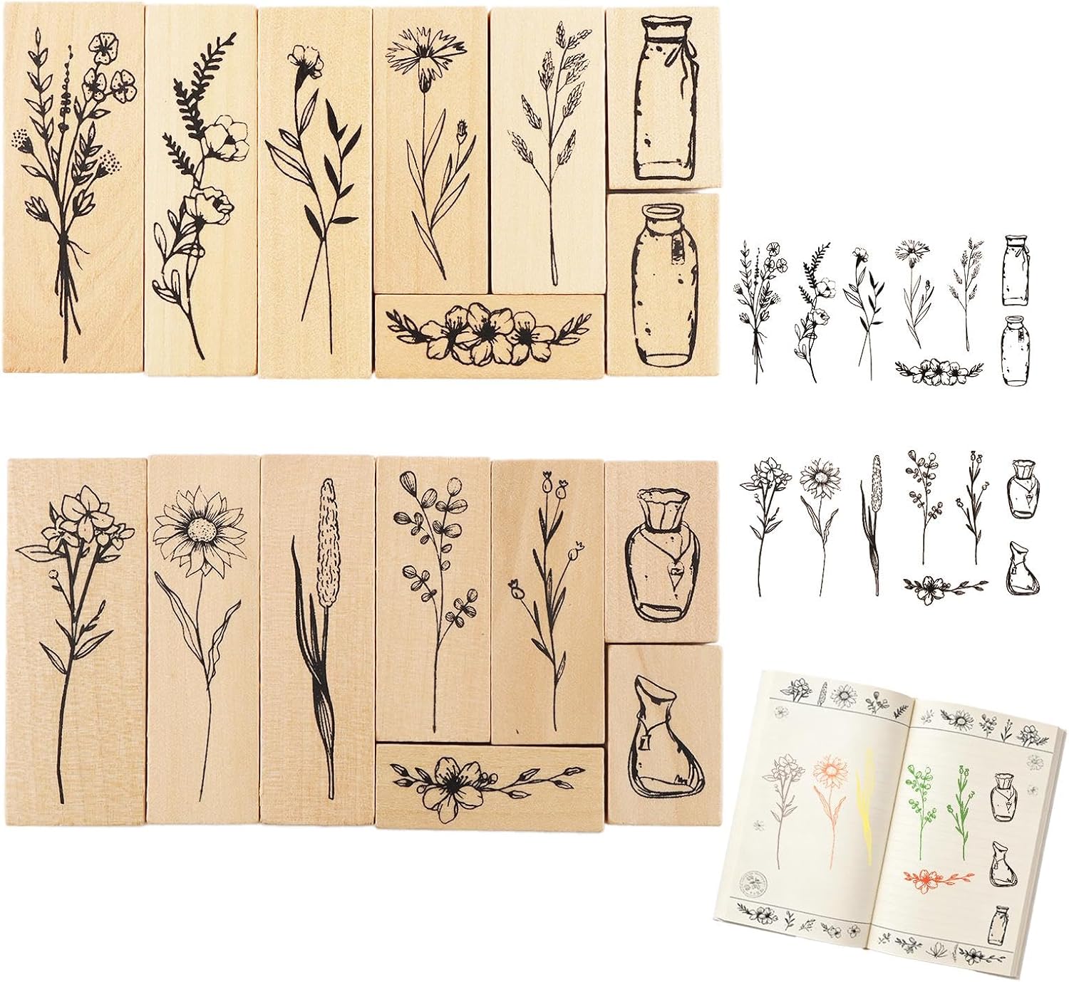 16 Pcs Stamps for Crafting,2 Styles Plant and Flower Retro Decorative Mounted Wooden Rubber Stamp Set for DIY Art and Craft Journals Scrapbooking