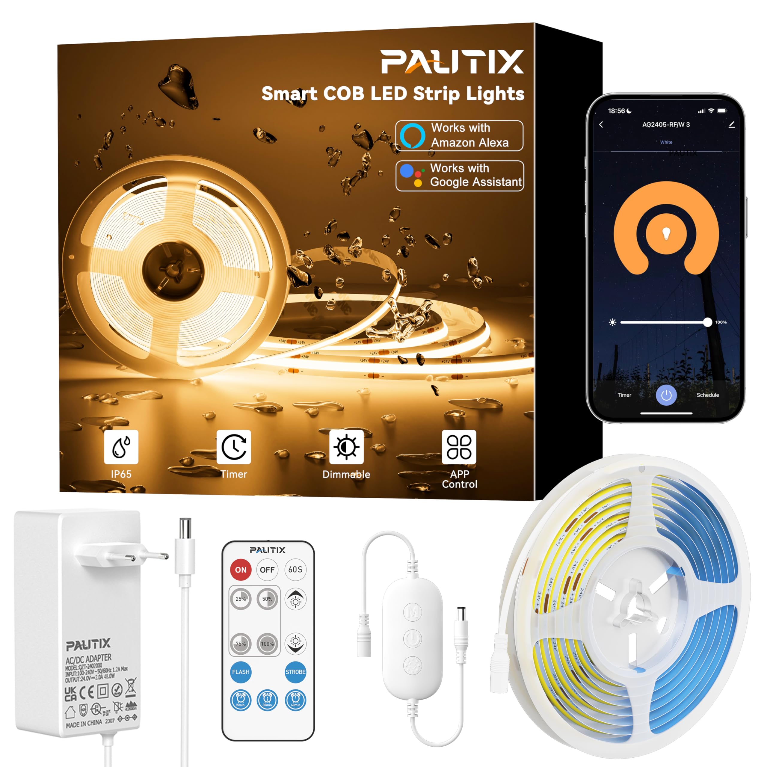 PAUTIX WiFi Striscia LED COB IP65 Impermeabile 5M Bianco Caldo 2700K,24V Regolabile Smart LED Strip Lights Compatibile con Alexa/Tuya per Illuminazione domestica(Alimentatore/Dimmer Non Impermeabili)
