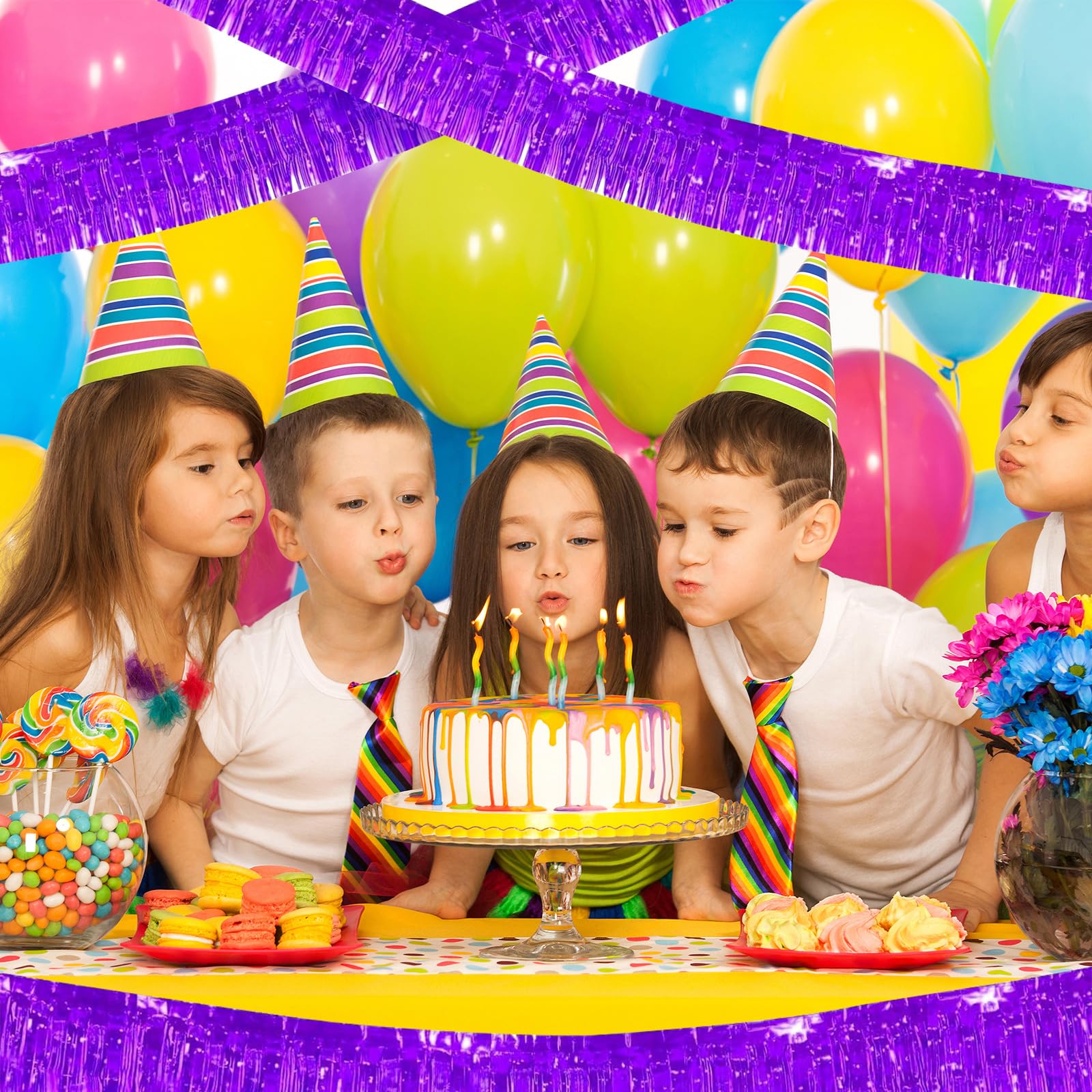 Paquete de 12 guirnaldas de flecos de papel de aluminio metálico de 10 pies, pancarta de oropel para colgar en la pared, color morado para flotadores de desfile, bodas, cumpleaños, Navidad