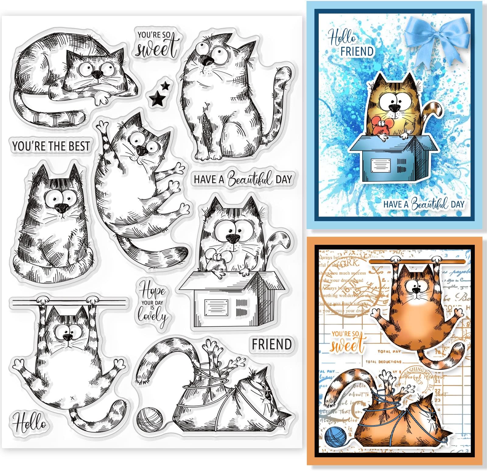 8.3x5.8in Cartoon Cat Clear Stamps Lovely Cat Silicone Stamp Wish Words Transparent Seal Stamps for Card Making DIY Scrapbooking Crafting Decoration