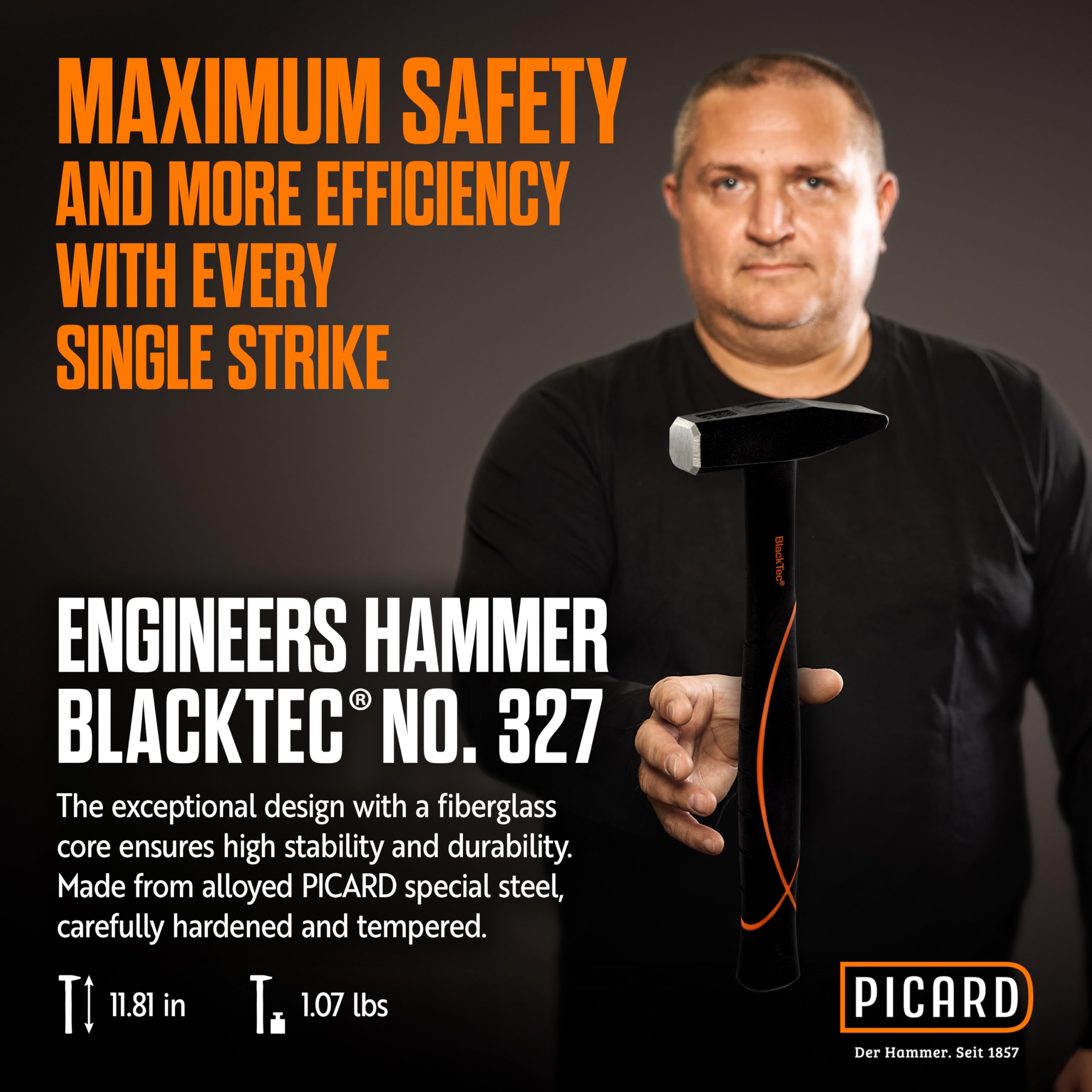 PICARD martello da fabbro BlackTec® n. 327 FS 300 g | Martello professionale con manico a 3 componenti e nucleo in fibra di vetro | Hammer tedesco antiscivolo e resistente alla corrosione