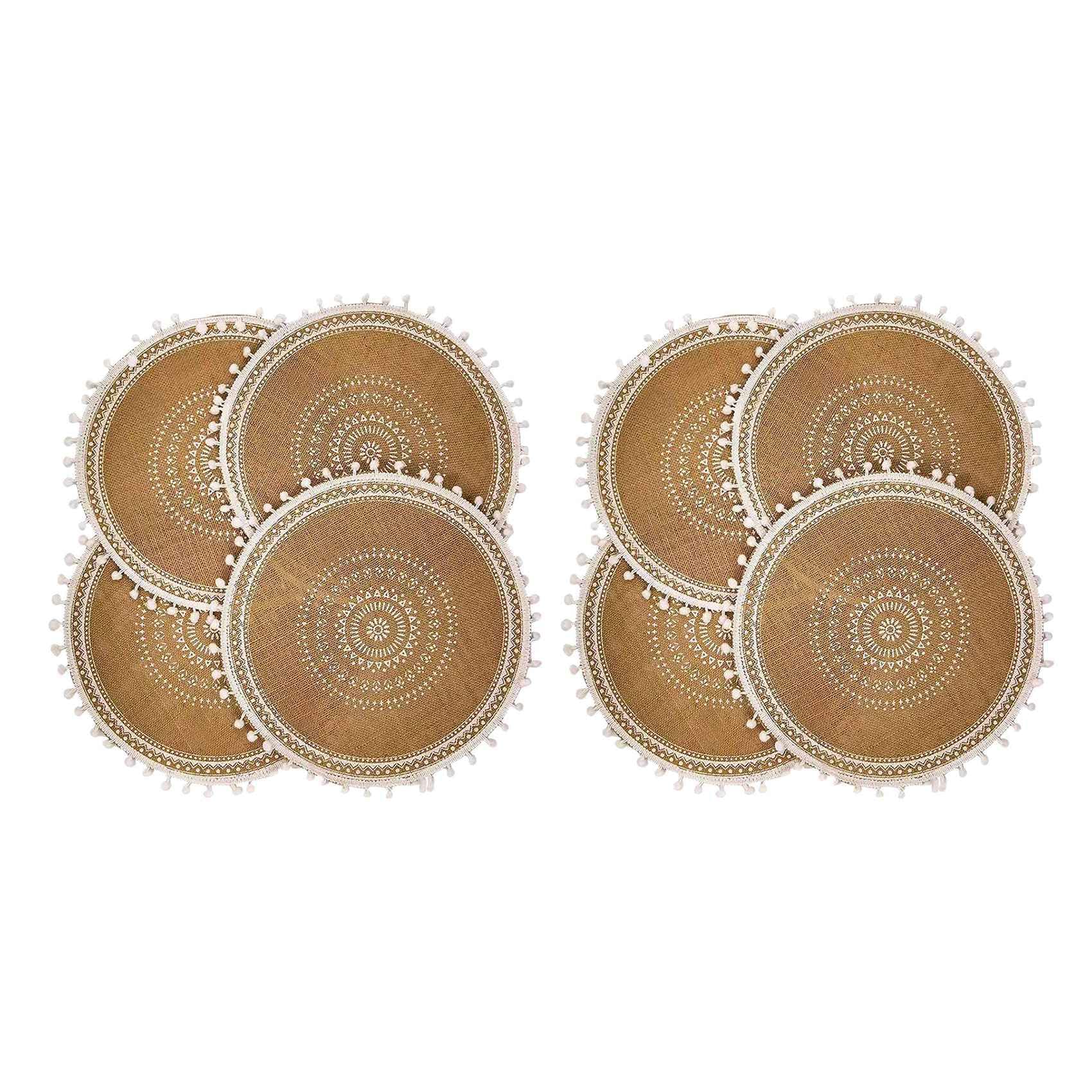 Hndhbfgrt Round Placemats Set of 8,Boho Woven Jute Table Mats with Pompom Tassel for Dining Room Kitchen Table Decor(White Ball)
