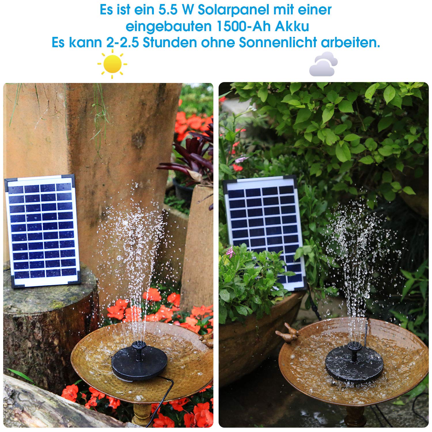 Fontein op zonne-energie 65 W - ingebouwde 1500 mAh batterij - upgraded