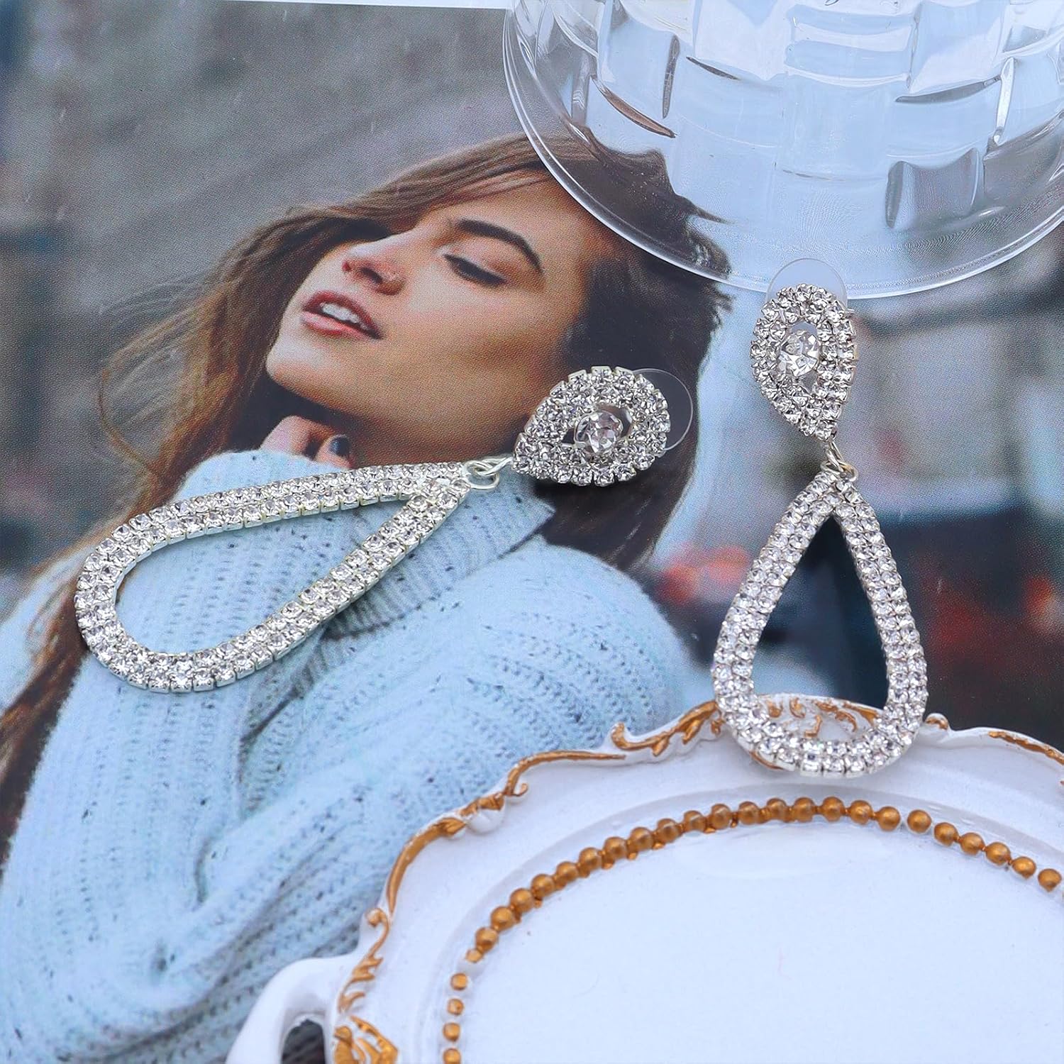 Sparkly Rhinestone Dangle Earrings for Women Bling Silver Crystal Teardrop Dangly Earrings Exaggerated Drop Earring Wedding Party Jewelry Accessories - Image 6