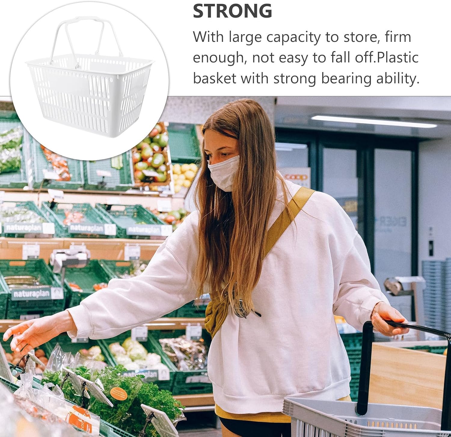 Plastic Storage Basket Shopping Basket, Portable with Handles Large