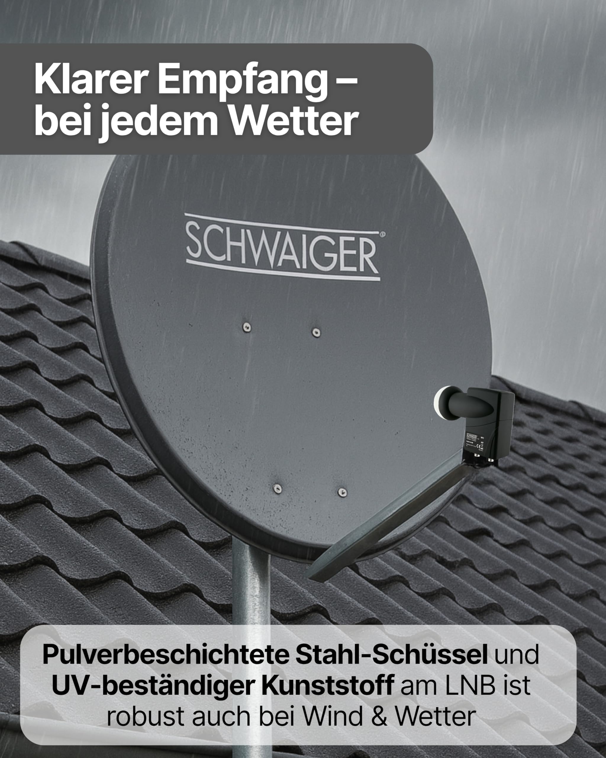 SCHWAIGER Satellitenschüssel Komplettset - Ø 60 cm Stahl Offset Antenne in Anthrazit - Inkl. sonnengeschütztes Twin LNB - Digital HD & 4K Empfang - Hitzebeständig & wetterfest