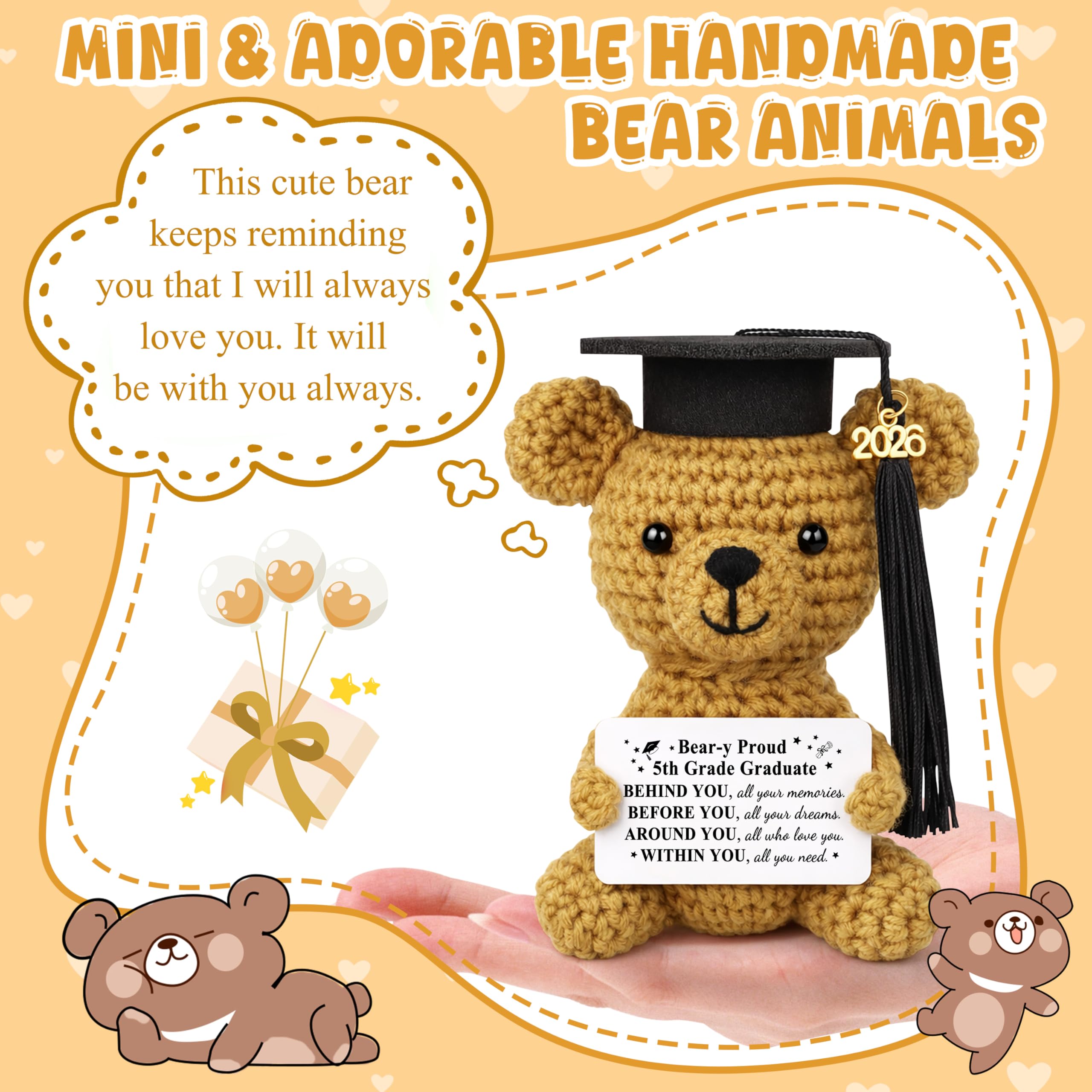 JoycuFF 5th Grade Graduation Gifts, Mini Positive Crochet Bear, 5th Grade Gifts for Students Granddaughter Daughter Best Friends, Handmade Emotional Support Animals Grad Gifts