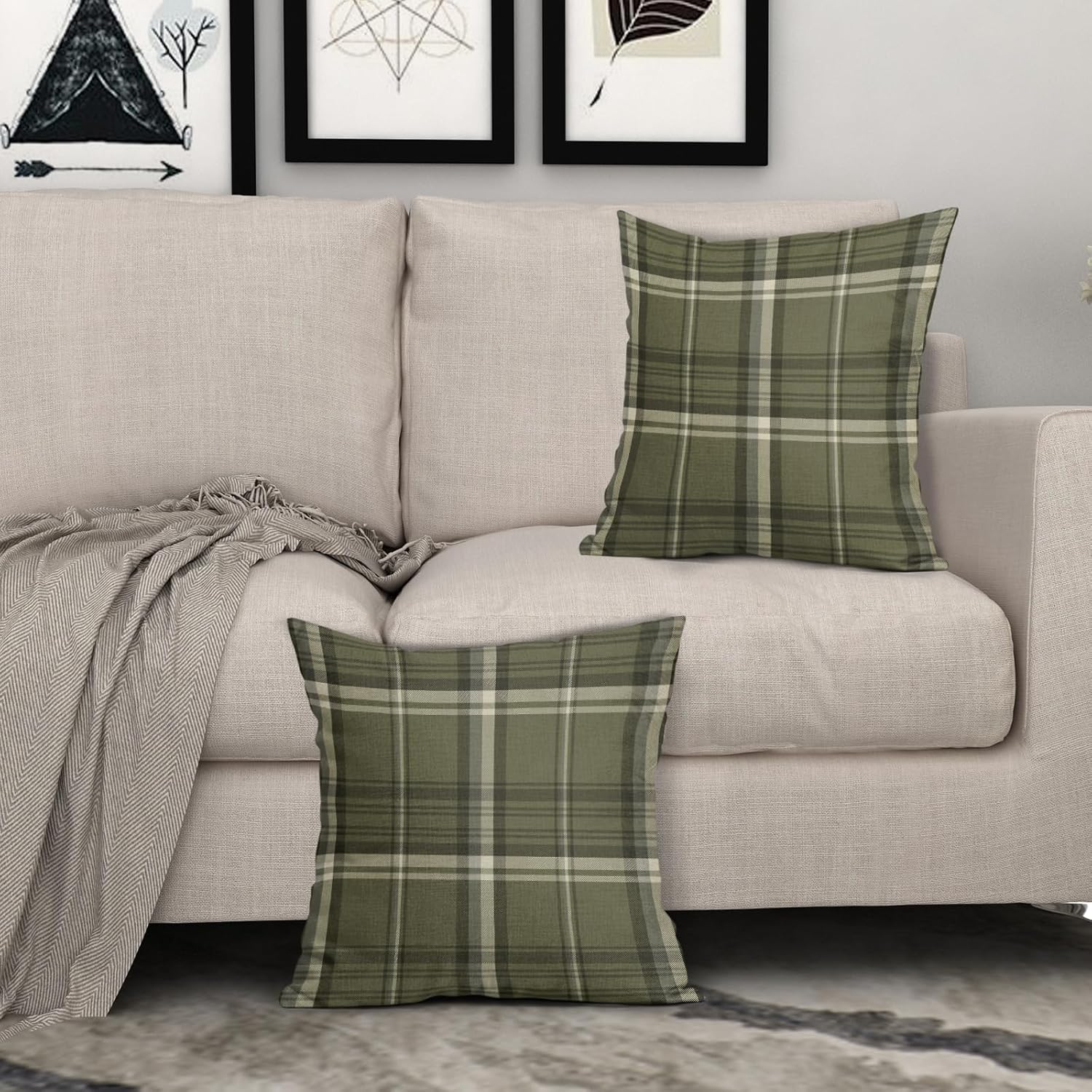 Sweetshow Olive Green Spring Plaid Pillow Covers 24x24 Set of 2 Buffalo Tartan Print Seasonal Decorative Throw Pillows Outdoor Pillowcase Square Linen Farmhouse Cushion Case Decor for Couch Sofa Bed