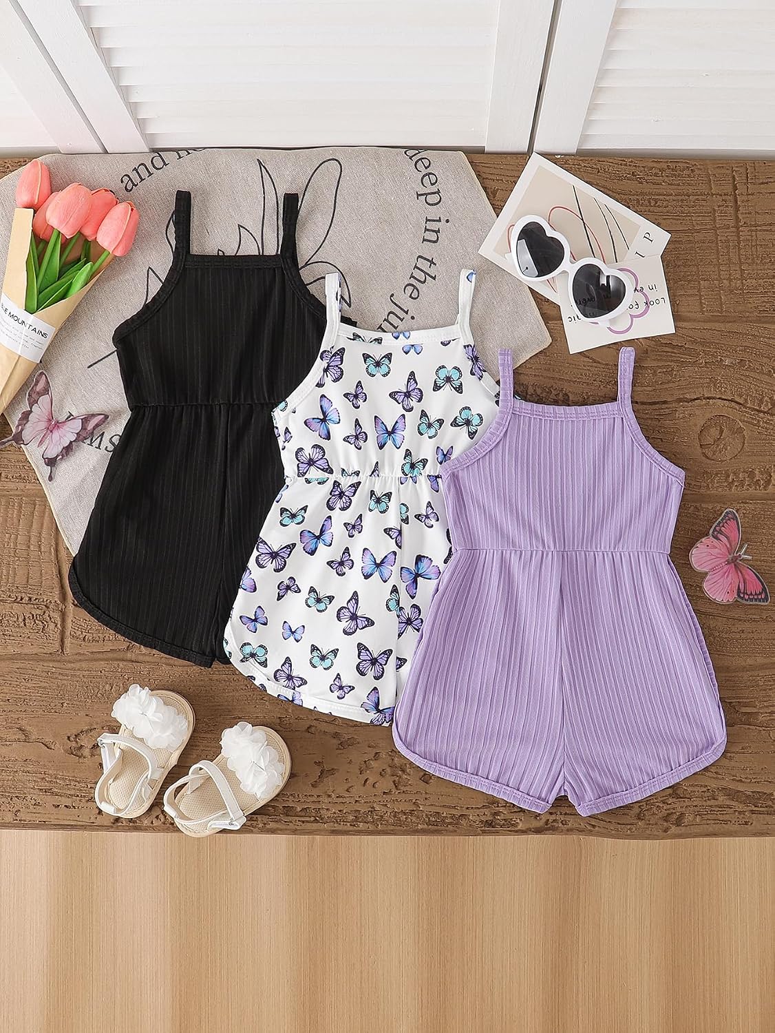 VARMILO 3-Pack Toddler Girl Sleeveless Romper - Butterfly Print Short Jumpsuit Summer Casual Outfit for Baby Girls