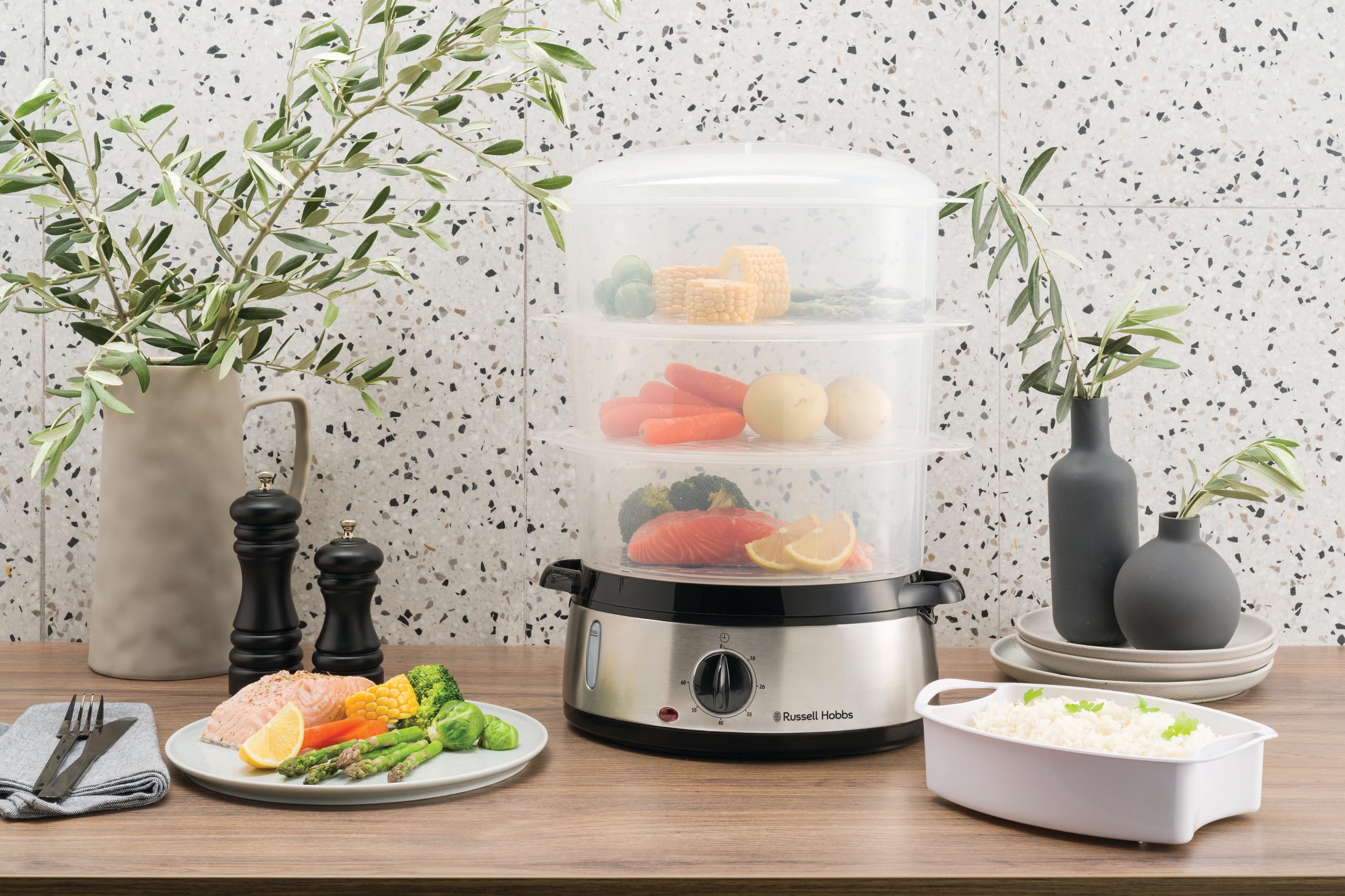 Russell Hobbs Dampfgarer [normale Größe] 9,0l (60 Minuten Timer + Abschaltautomatik, 3 spülmaschinengeeignete Dampfgarbehälter + Reisschale/Reiskocher + 6 Eierhalter/Eierkocher, BPA-frei) 19270-56