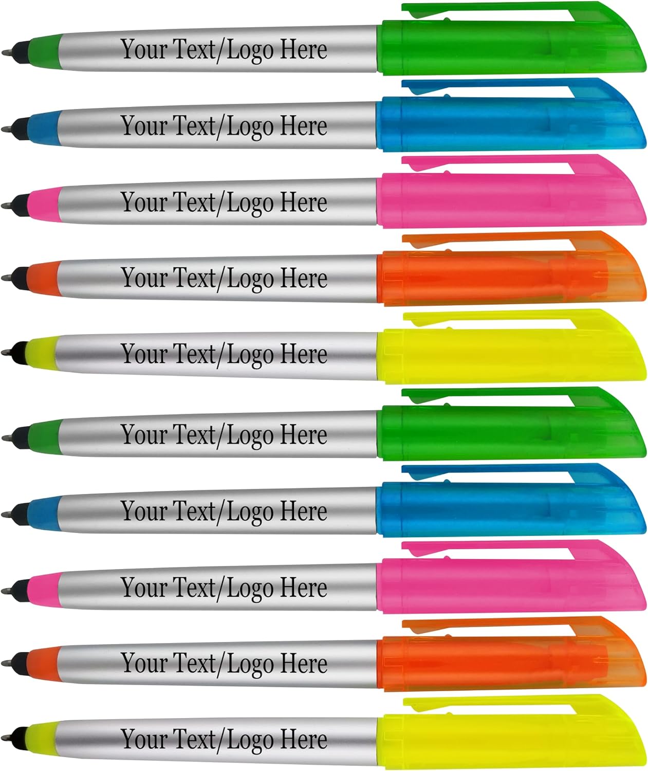 Personalized Pens with Highlighter and Stylus -250 Pack Bulk-Free Imprint - 3 In Highlighter, Ballpoint Pen, and Stylus Combo- add Custom Business Name, Logo or Gift Message- Assorted, Black Imprint