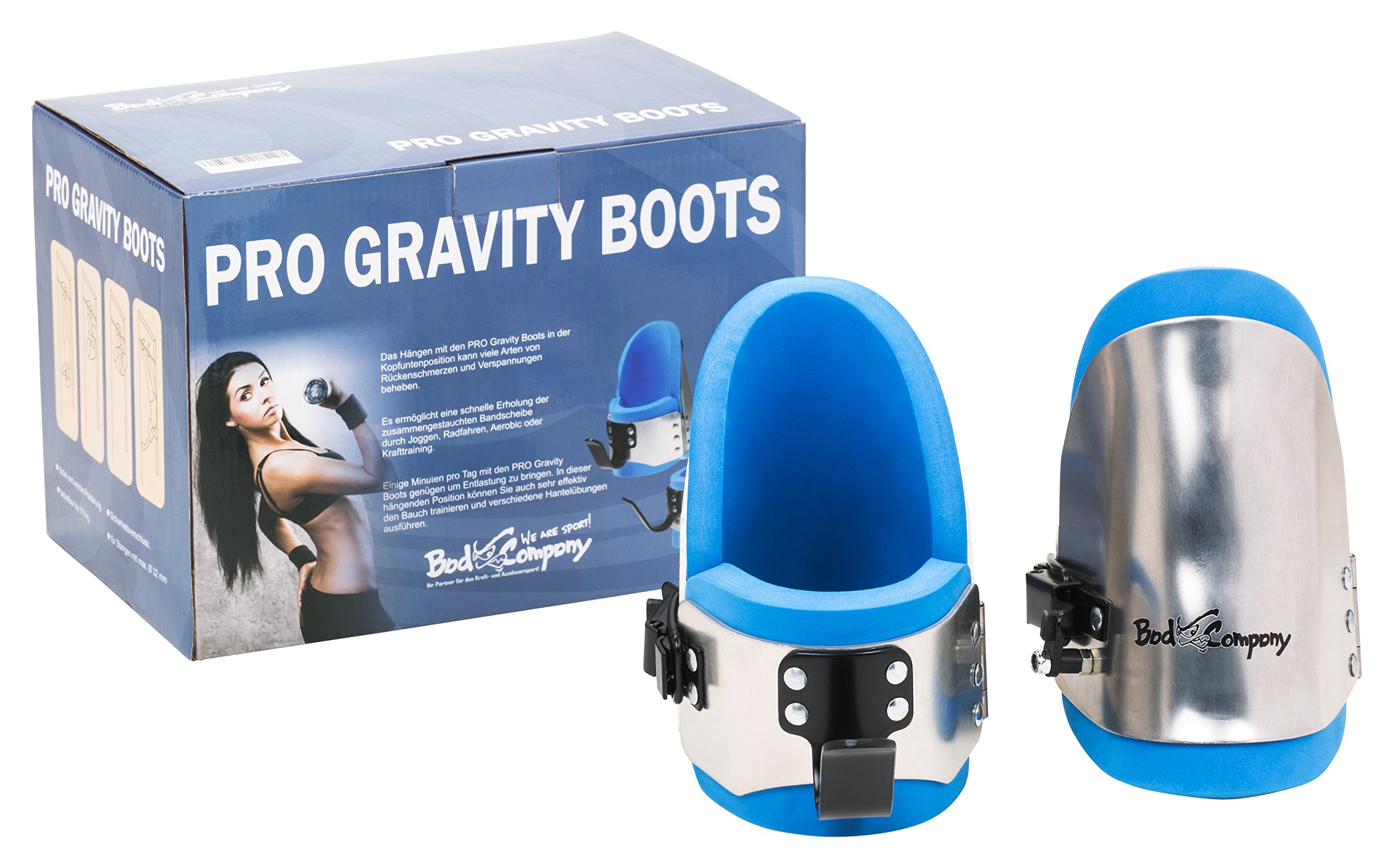 Bad Company Gravity Boots I Hanging-Boots mit Sicherheitsverschluss, Anschlagsstift und Übungsanleitung für das Schwerkraft-Training in Schwarz/Anthrazit oder Blau/Metallic-Silber