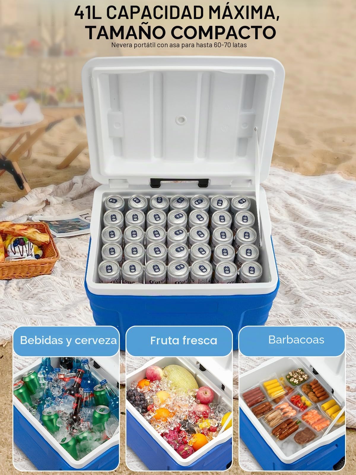 FOHERE Cooler, Nevera Portatil con Ruedas y Asa - 41L de Capacidad, Aislamiento Térmico de Espuma PU, Mantiene la Comida y Bebidas Frías hasta 92 Horas, Ideal para Camping, Playa y Picnics