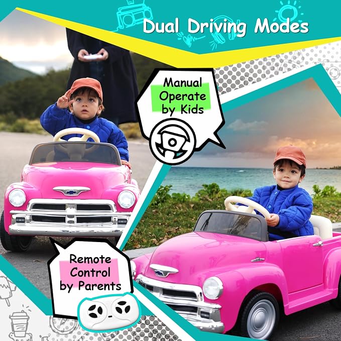 Carro eléctrico infantil 12V estilo retro Rosa miniatura 4