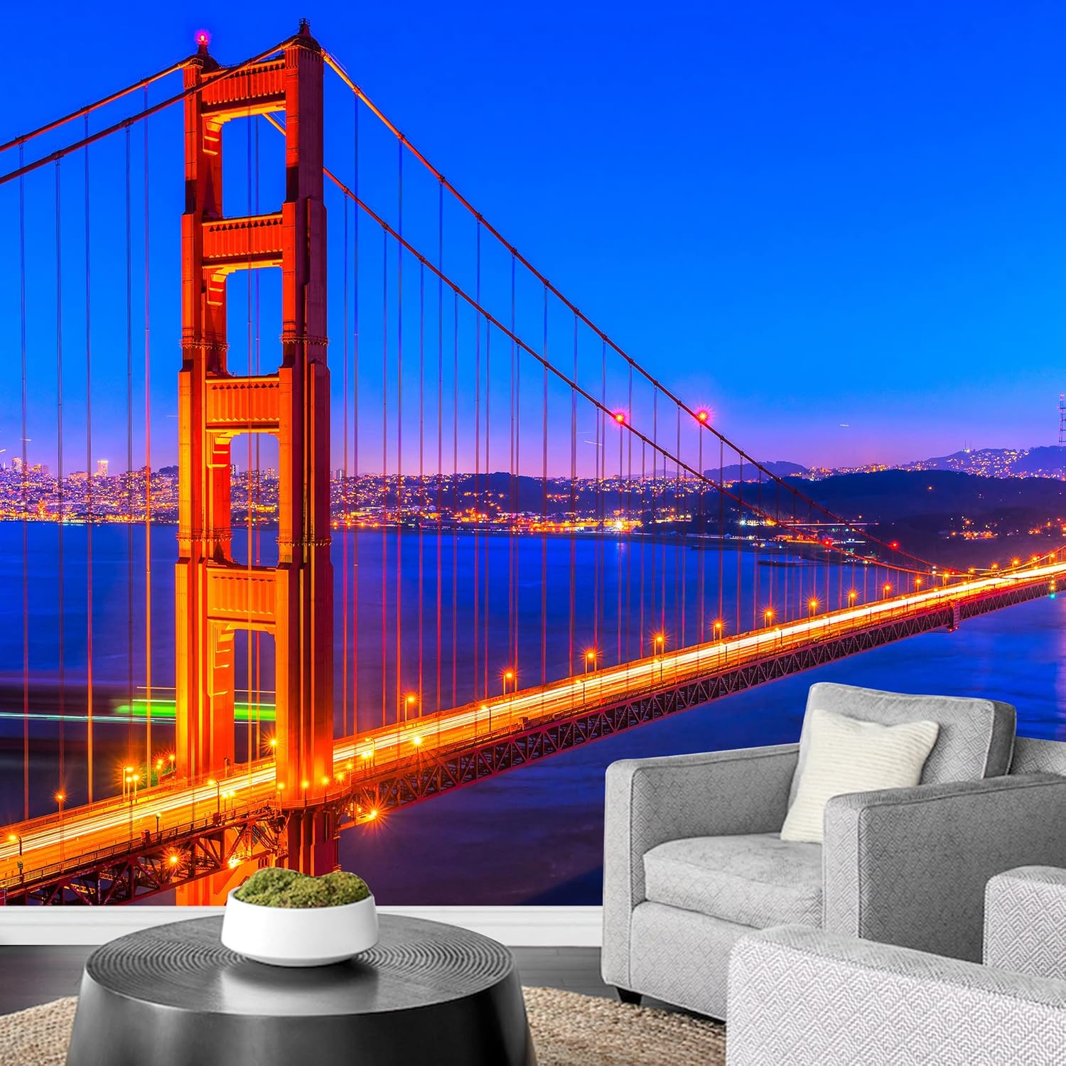 wall26 Removable Wall Sticker/Wall Mural Night Golden Gate Bridge Neon Lights Cityscape Landmarks Photography Realism Bohemian Urban Decorative Landscape for Living Room, Bedroom, Office - 66"x96"