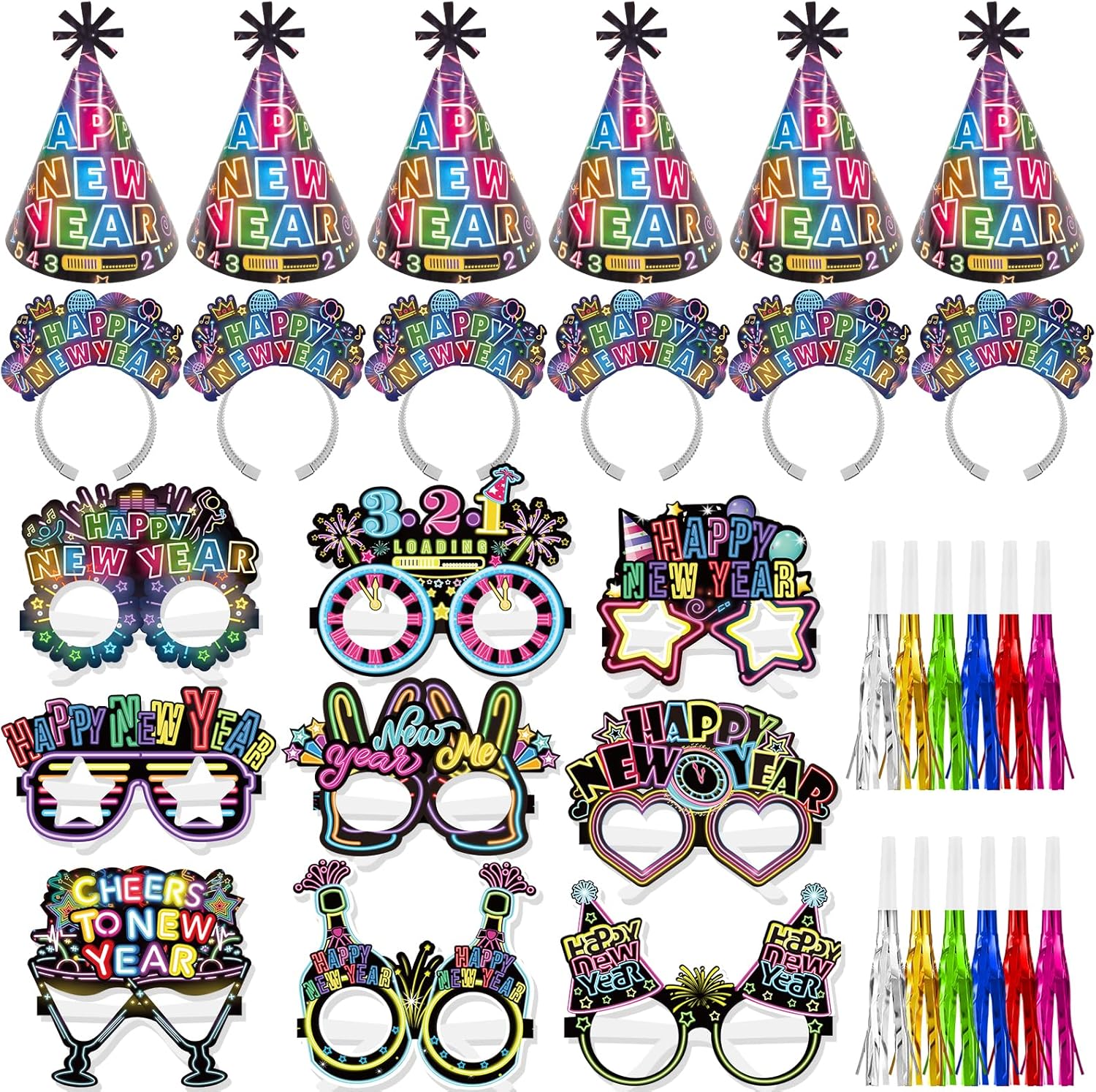 HOWAF 36 Pcs Glitter New Year's Eve Party Supplies Kit, 2026 Happy New Year Eve Shiny Firework Party Supplies-New Year Headband Eyeglasses New Year Top Hats New Year Fringed Noisemaker
