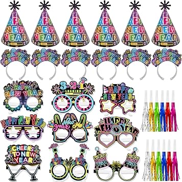HOWAF 36 Pcs Glitter New Years Eve Party Supplies Kit, 2026 Happy New Year Eve Shiny Firework Party Supplies-New Year Headband Eyeglasses New Year Top Hats New Year Fringed Noisemaker