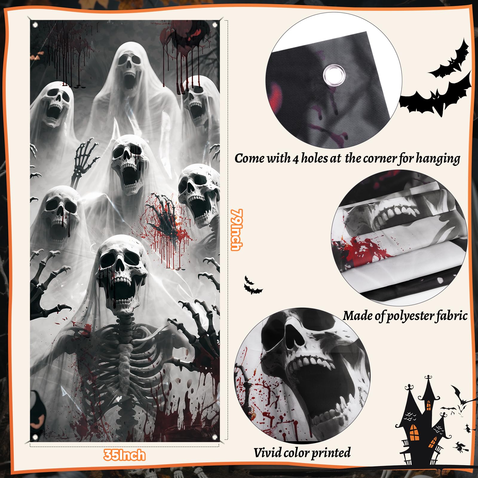 Halloween Door Cover, 79 * 35inch Scary Skeleton Zombie Halloween Door Decorations Horrie Door Sign Banner for Halloweens Haunted House Props Front Door Wall Party Decor