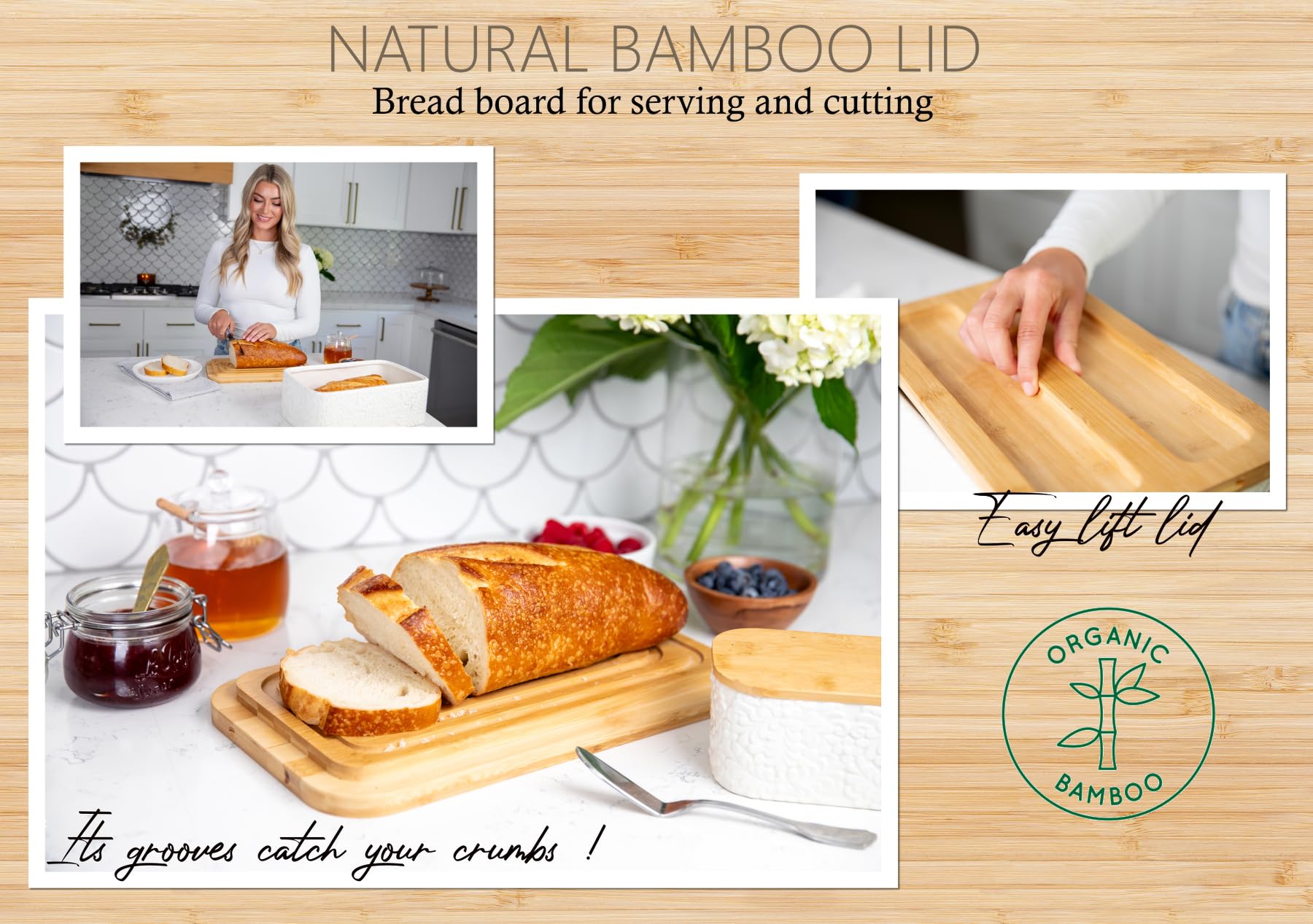 Panera de cerámica grabada para encimera de cocina, recipiente multiusos para almacenamiento de pan con tapa gruesa de bambú para cortar, elegante panera con grabado inspirado en la naturaleza, 13.8 x