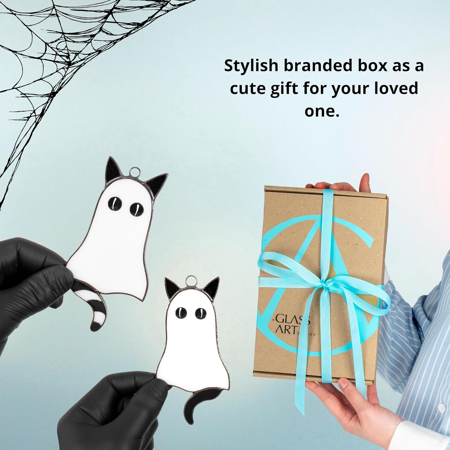 Set of 2 Ghost Cat Halloween Ornaments – Stained Glass Cat Ghost Suncatcher for Window Spooky Halloween Decor Cute Black and White Hanging (Set)