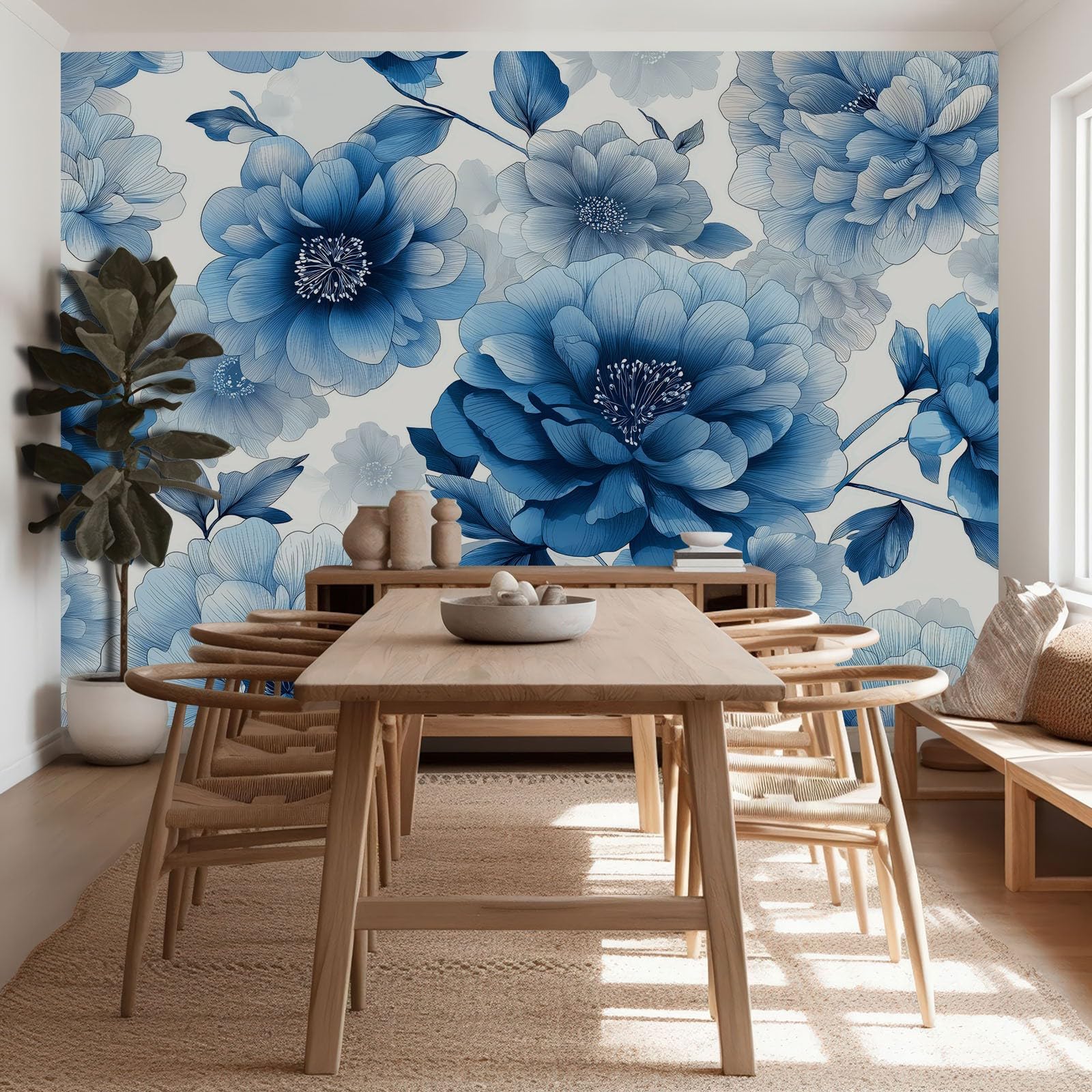 Panoramiczna tapeta niebieskie rośliny kwiaty liście, francuska tapeta mural - plakat obrazy 250 x 175 cm do salonu sypialni dekoracja domu