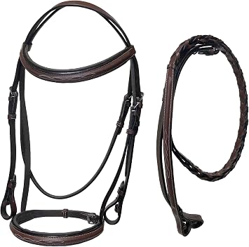 Leather English Fancy Stitch Hunter Bridle with Braided Leather Reins