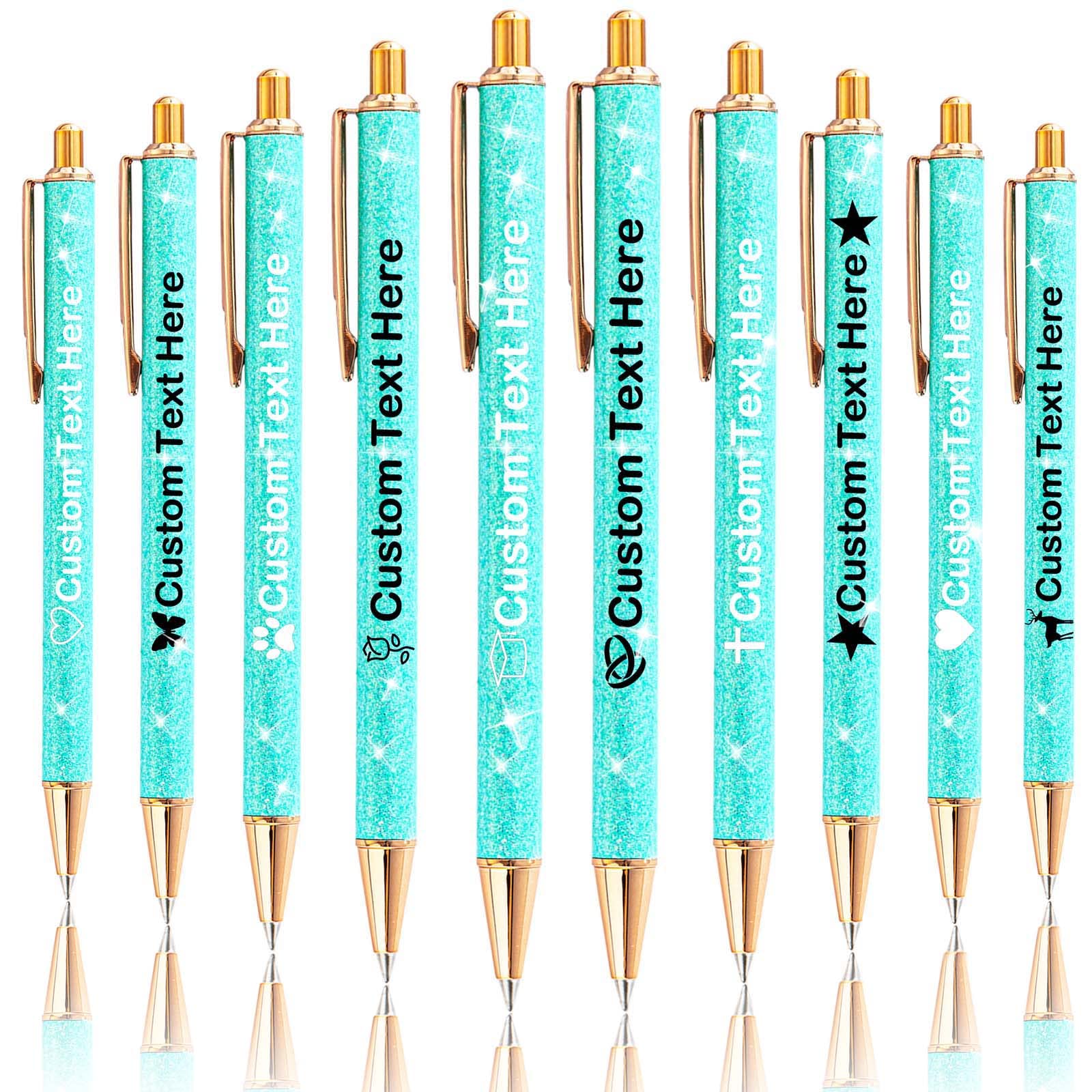 Xiuyours Personalised Pens for Women Custom Glitter Pen with Name Logo Imprinted, 10 Customised Sparkly Bling Ballpoint Pen Gift for Wedding Birthday Office Graduation, Cyan