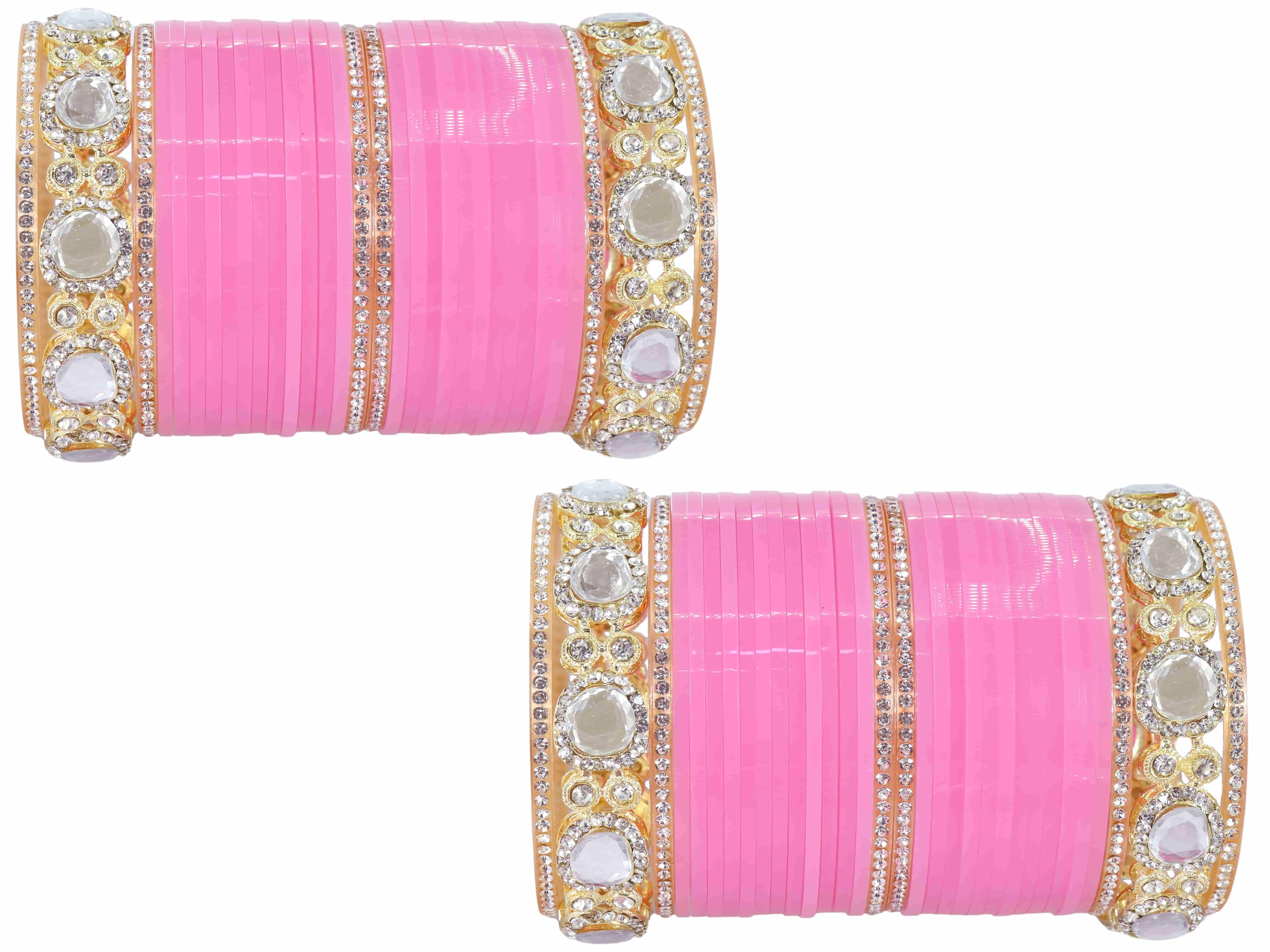 LAVAZZA Traditional Golden Metal Zircon Stone & Kundan Acrylic Bangles Chuda Set For Bridal Women & Girls | Chuda Set Pink For Bridal | Chudi Set for Women -(ChudaSet-2-Pink-2.6), Set of 64