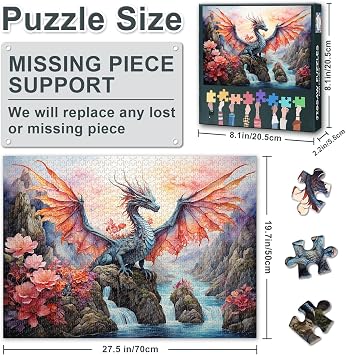 Dragon Jigsaw Puzzles for Adults 1000 Pieces, Winged Dragon Puzzle Back No Dust, Pink Landscape Home Decor Birthday Party Challenging Puzzles for Cognitive Workout 27.5 x 19.6